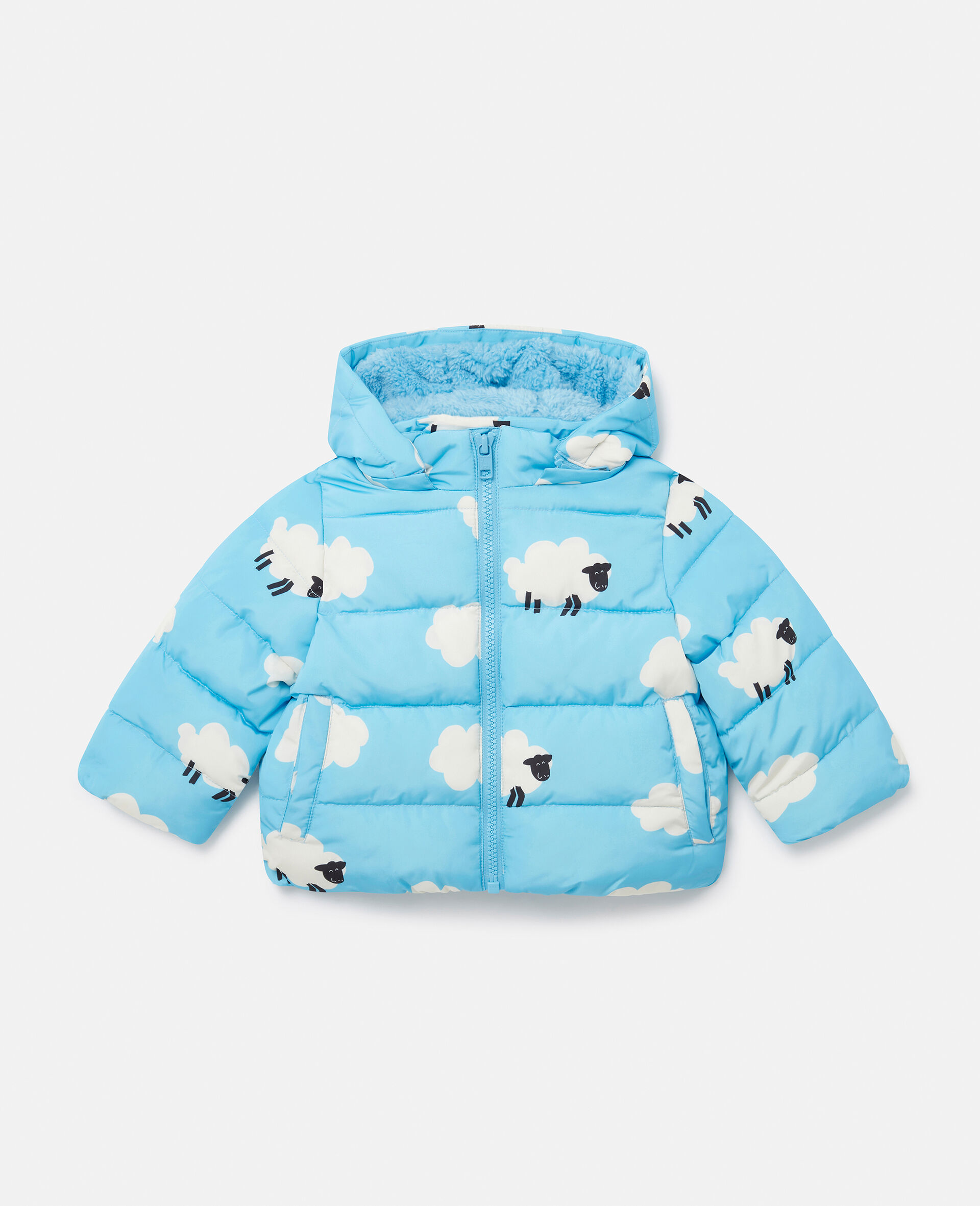 Sheep Pattern Hooded Puffer Coat-Blue-large image number 0