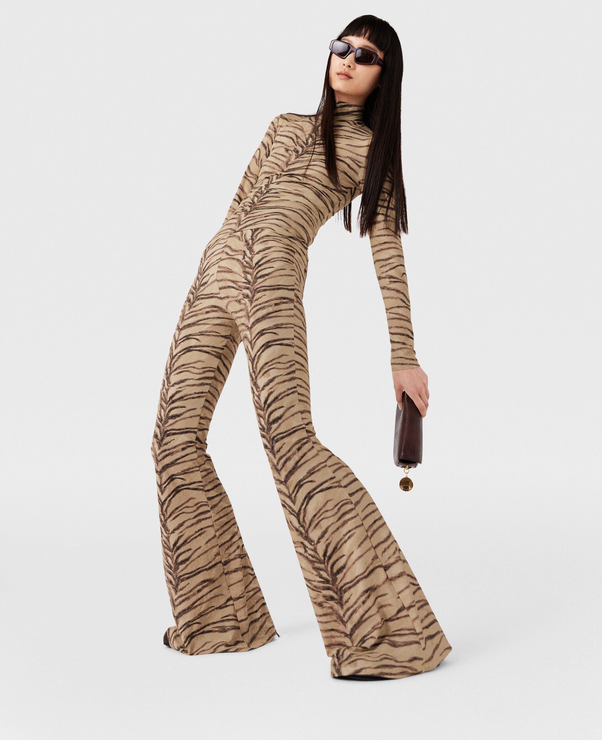 Tiger Print High-Rise Flared Trousers-Beige-model