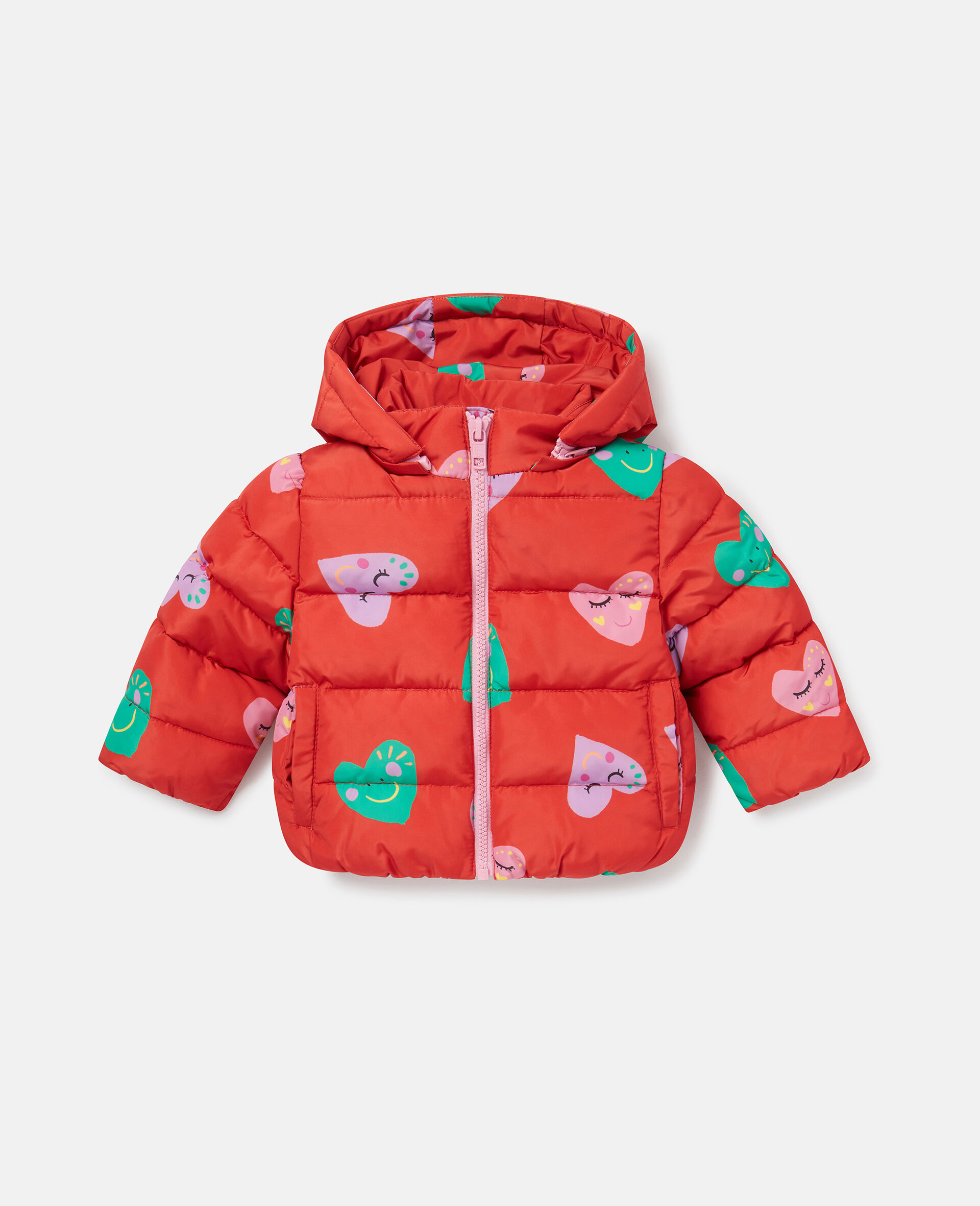 Smiling Heart Print Puffer Coat-Multicoloured-large image number 0