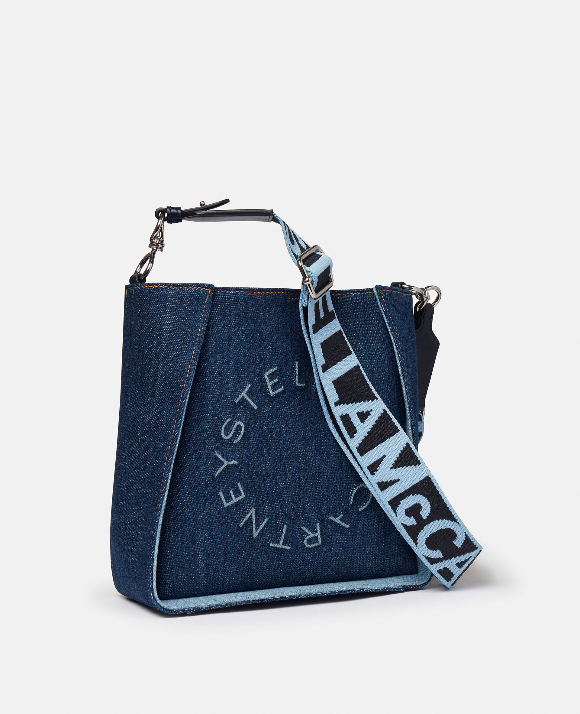 Stella McCartney Denim Logo Mini Camera Bag Blue Eyelet Embellished