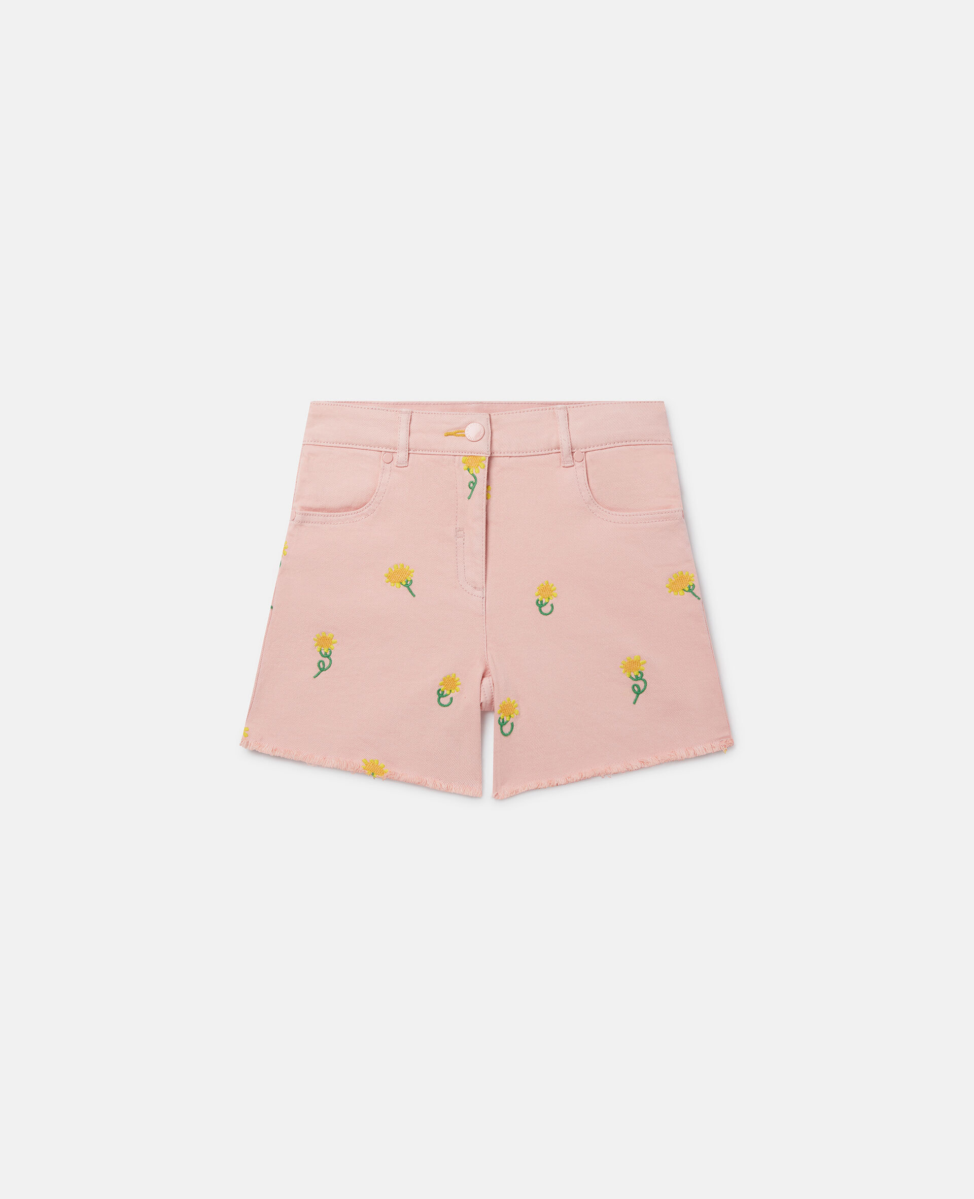 Sunflower Print Denim Shorts-Pink-model