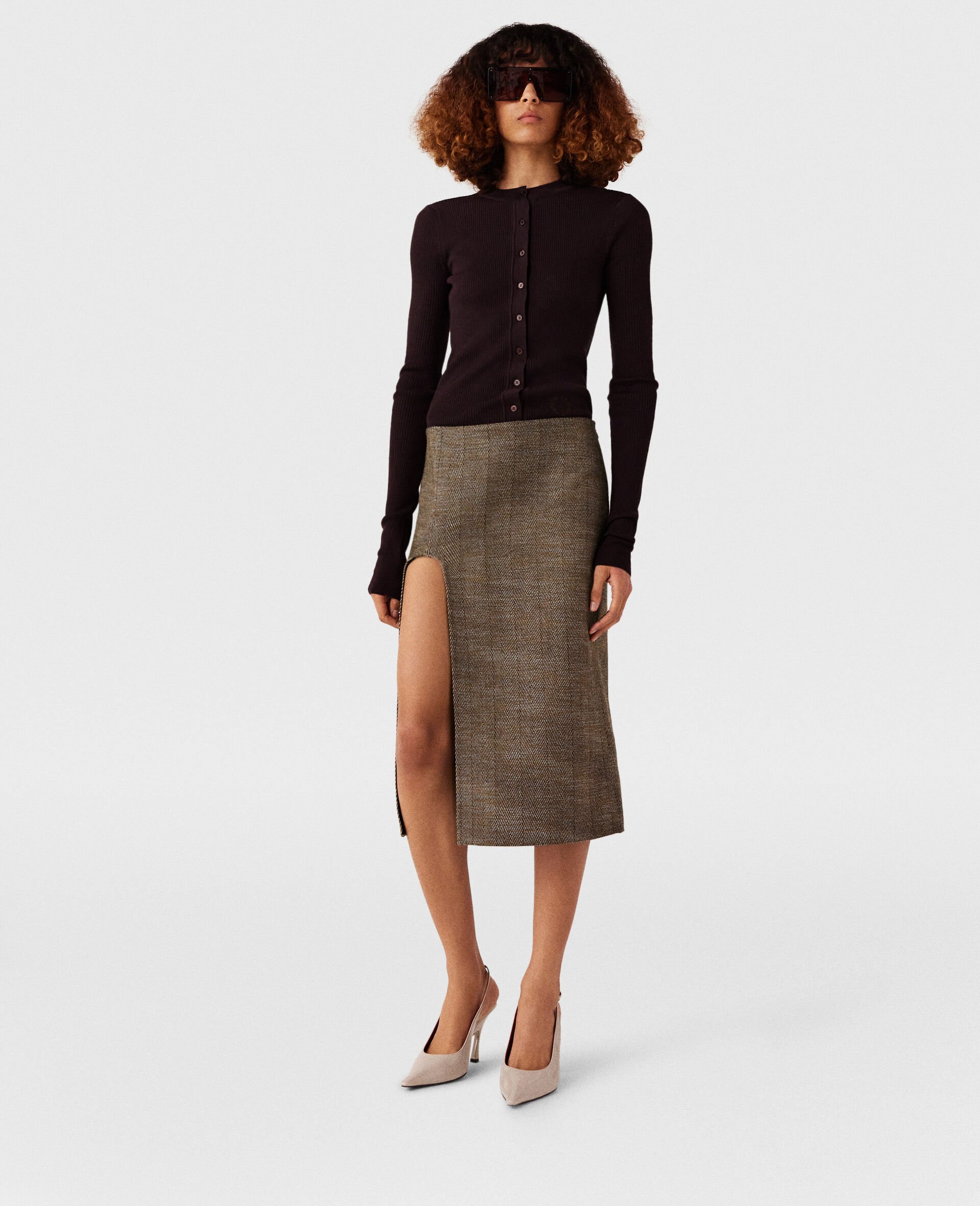 Side-Slit Tweed Skirt-Beige-model