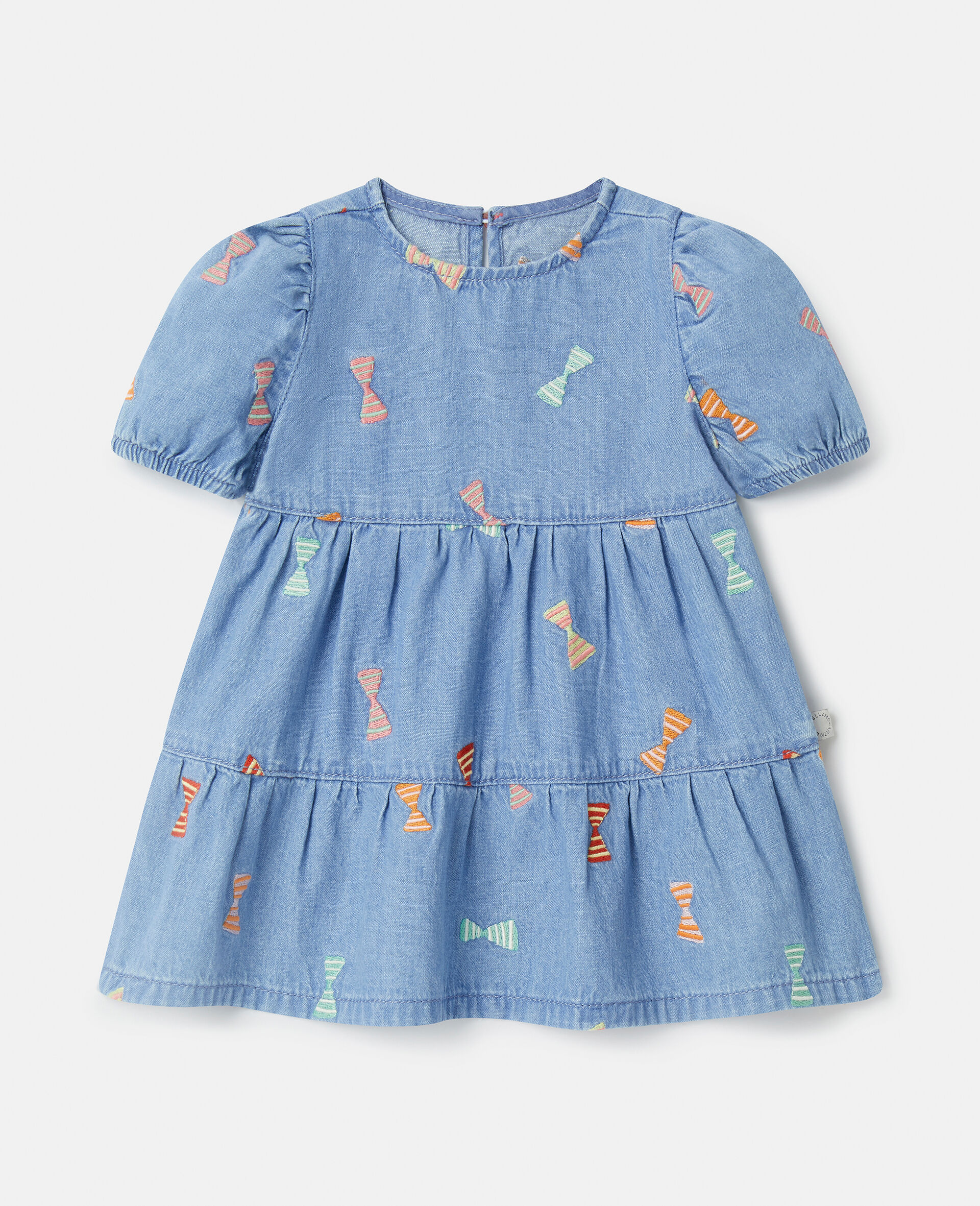 Striped Bow Print Denim Dress-Blue-large image number 0