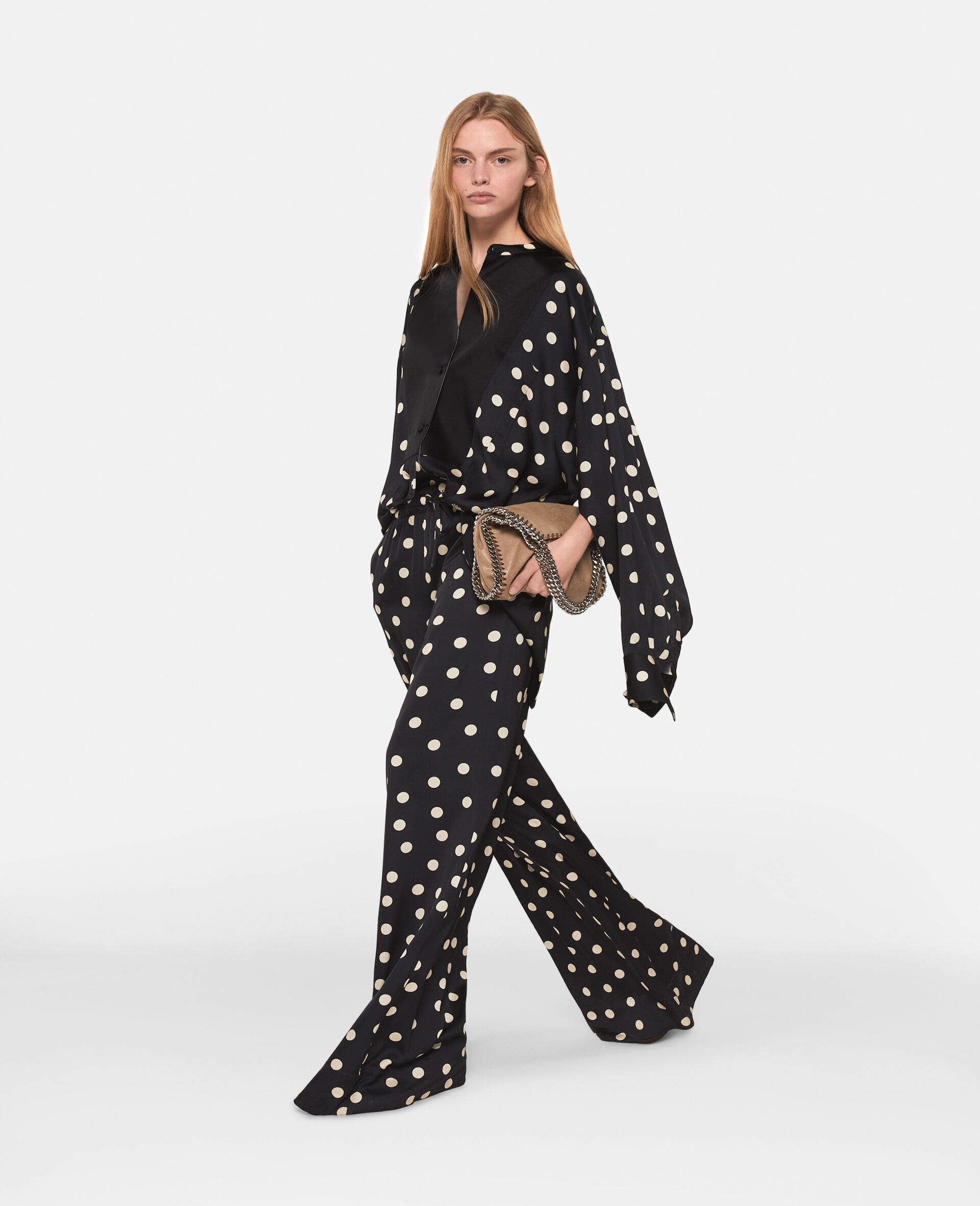 Polka Dot Wide-Leg Trousers-Black-model