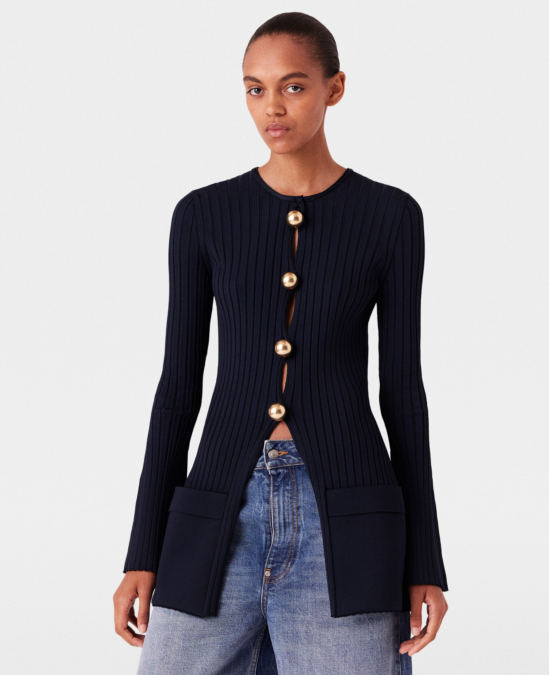 Ribbed Long Sleeve Cardigan-Blue-model