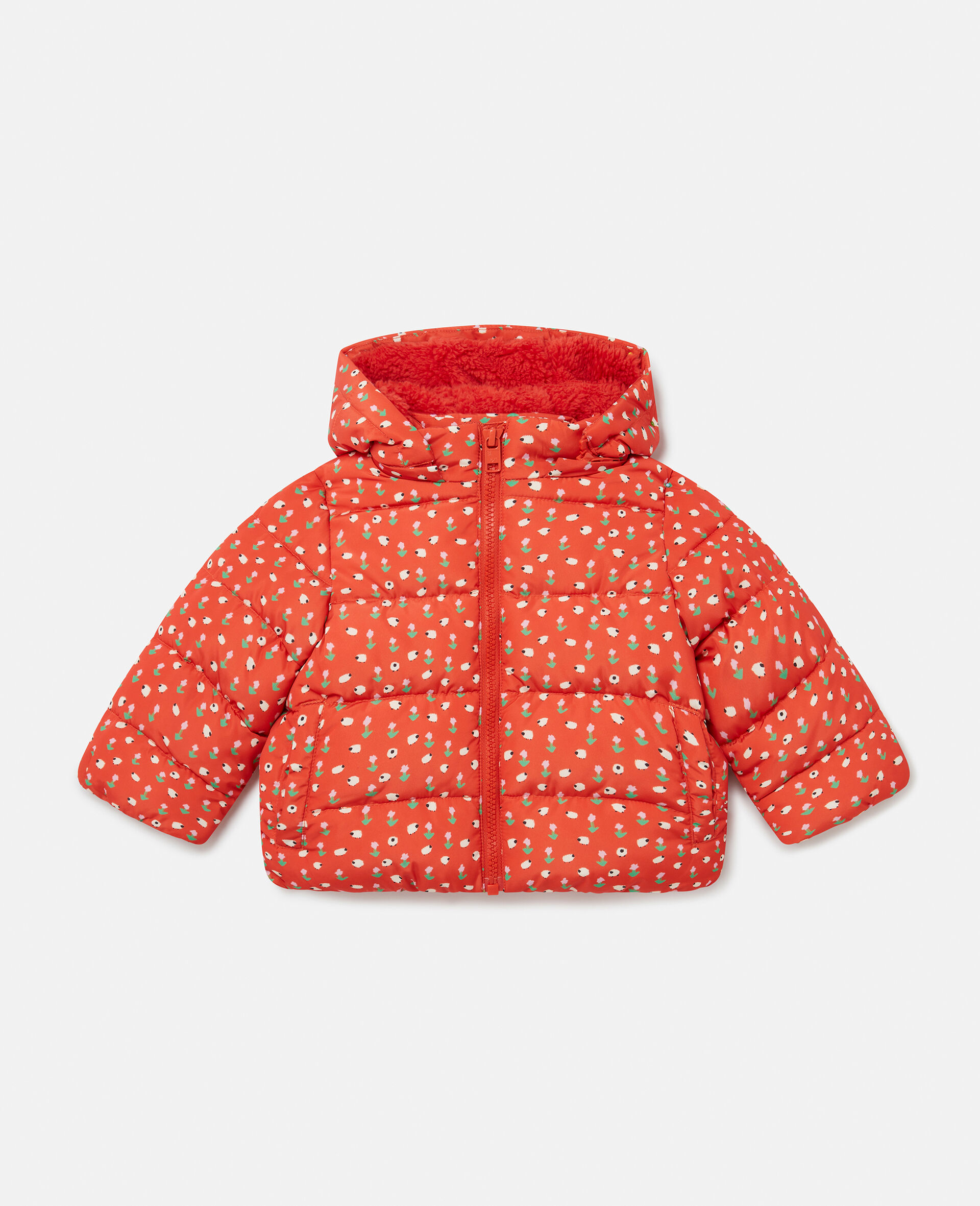 Floral Pattern Hooded Puffer Coat-Red-large image number 0