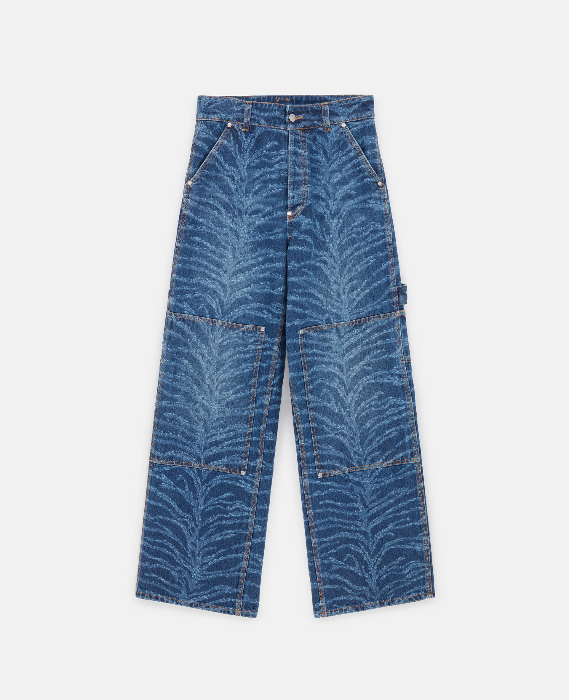 Gerade Cargo Jeans mit hoher Taille und Tigermuster-Blau-large image number 0