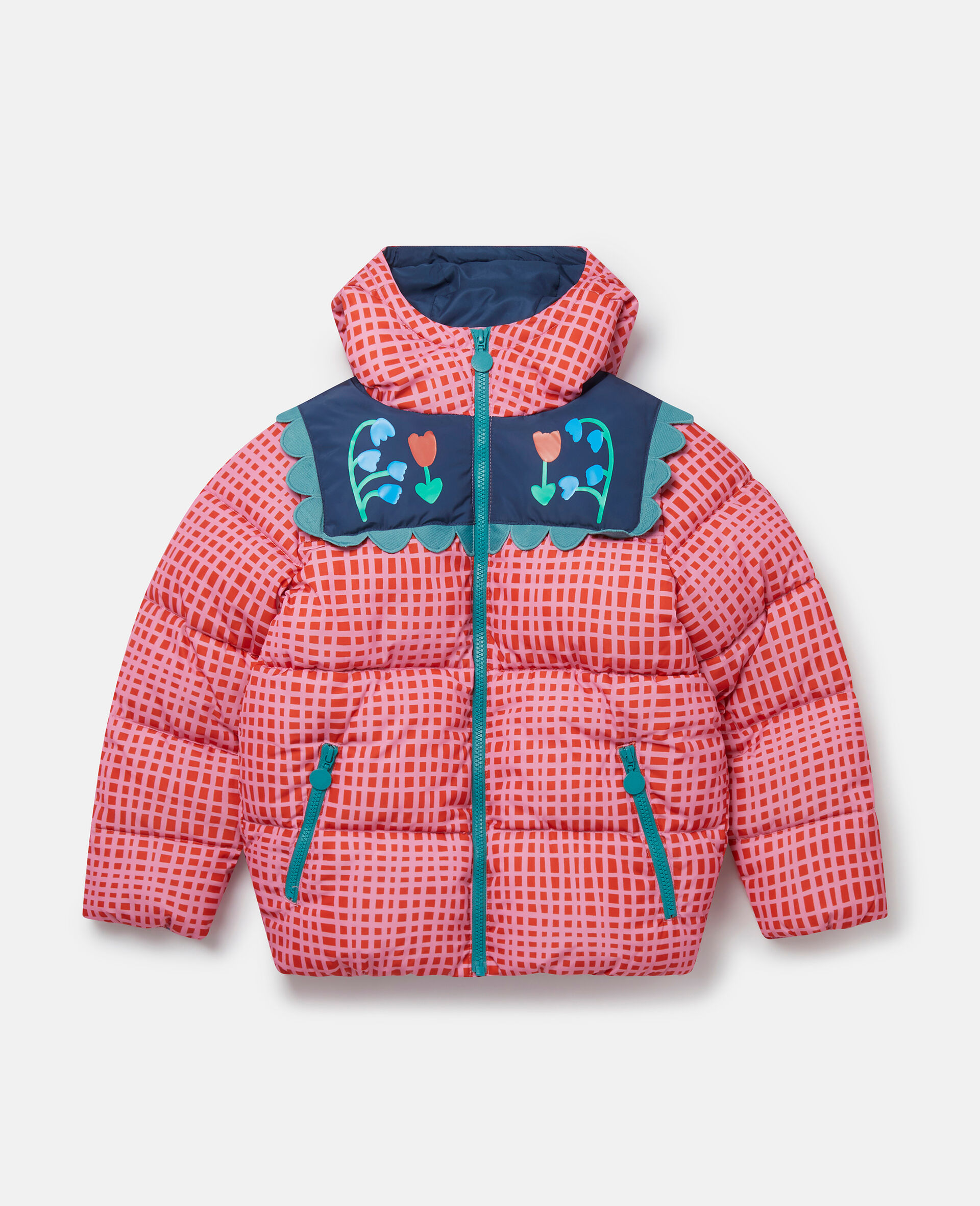 Folk Flower Check Print Puffer Coat-Pink-large image number 0