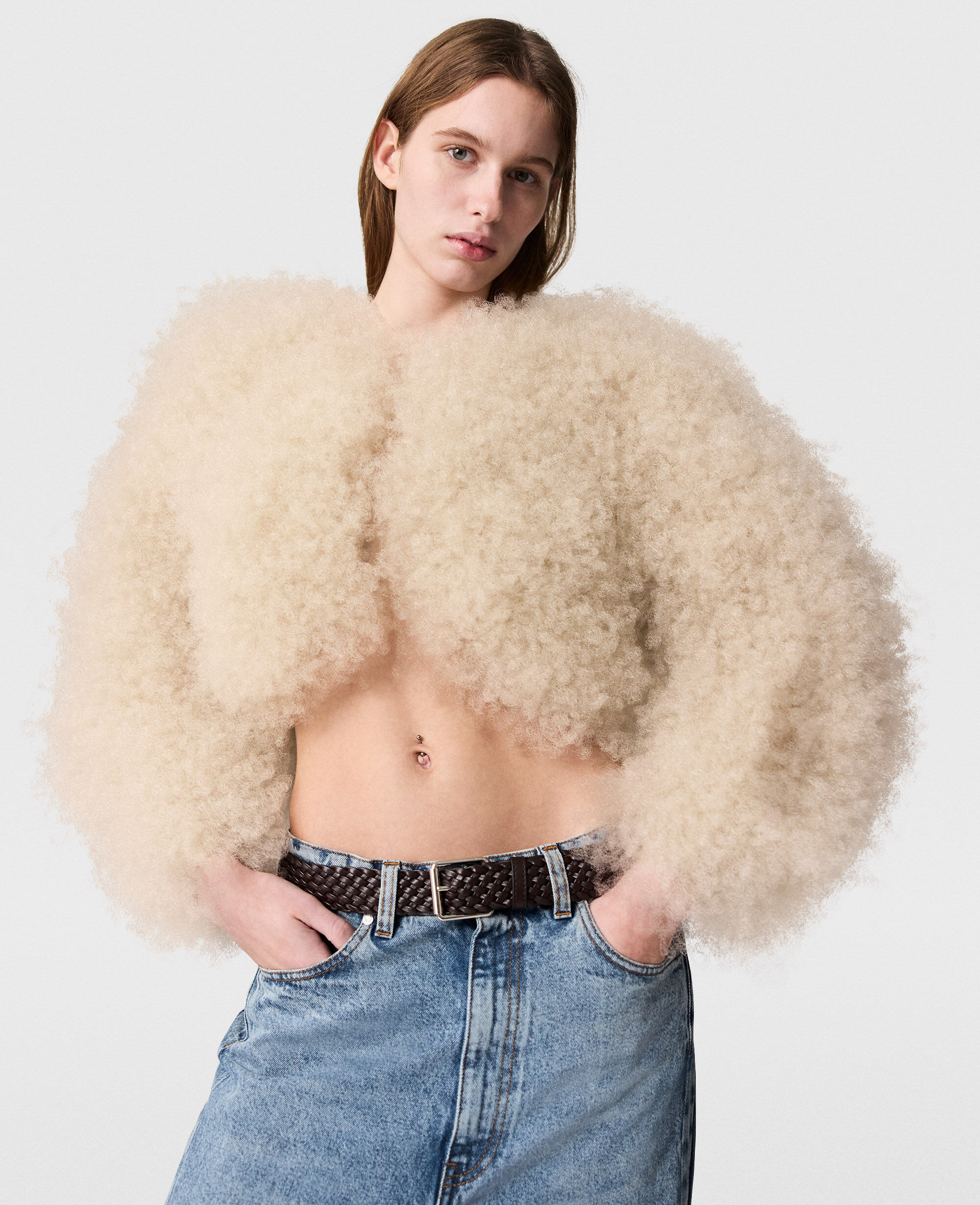 Women Nude Fluffy Peekaboo Long Sleeve Cardigan | Stella