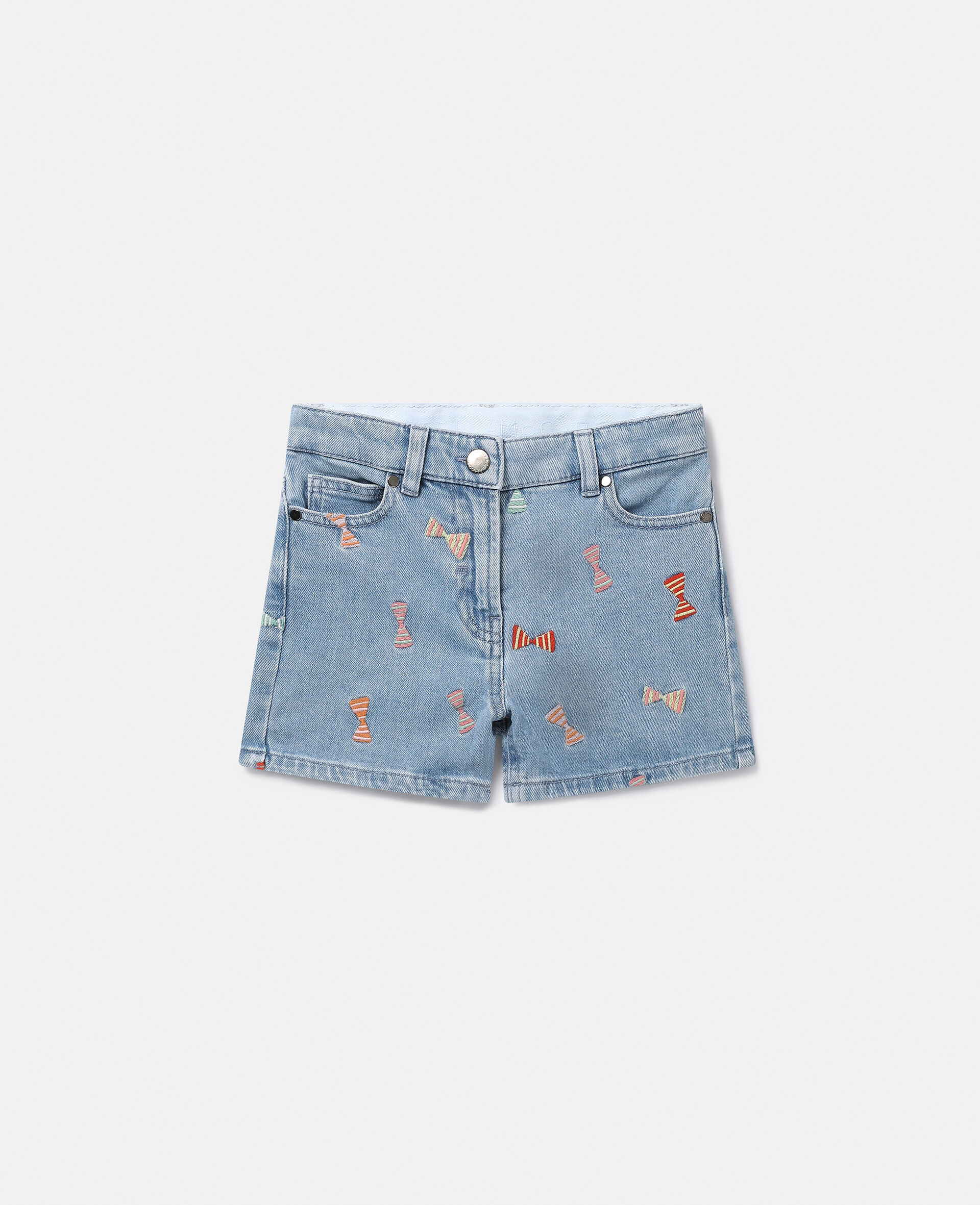 Striped Bow Print Denim Shorts-Bleu-large image number 0