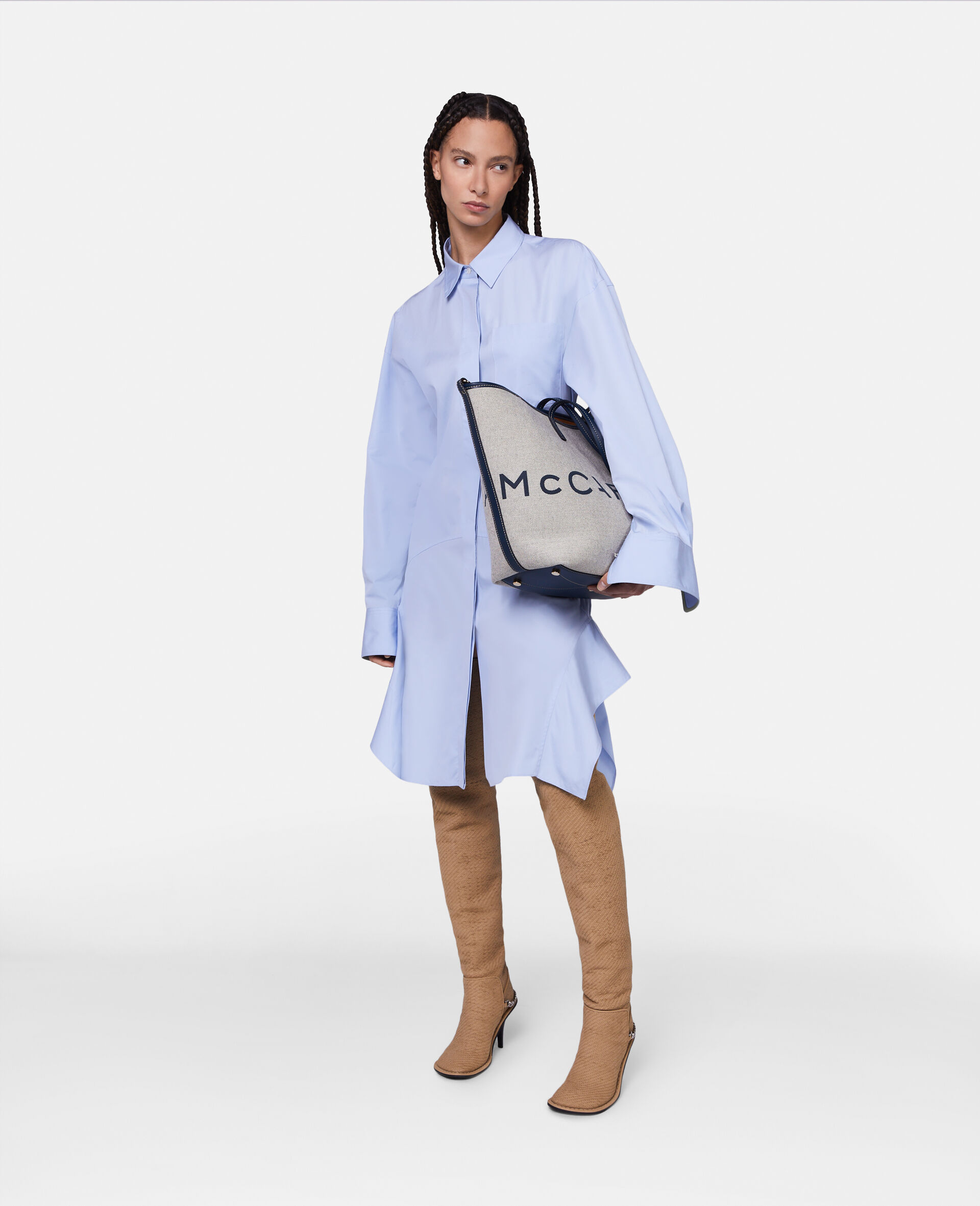 Banana Sleeve Shirt Dress-Blue-model