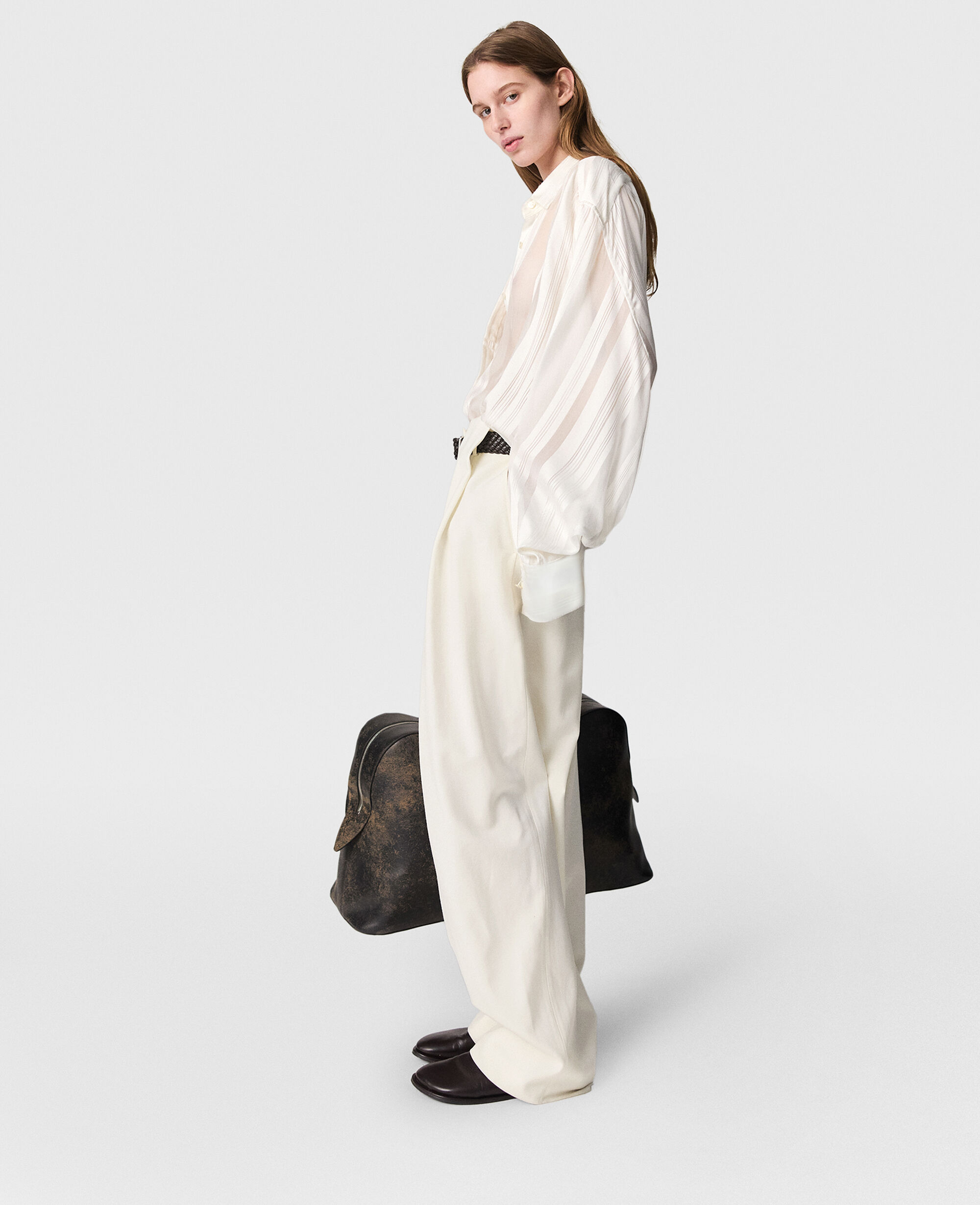 Women White Oversized Sheer Striped Panelled Shirt | Stella