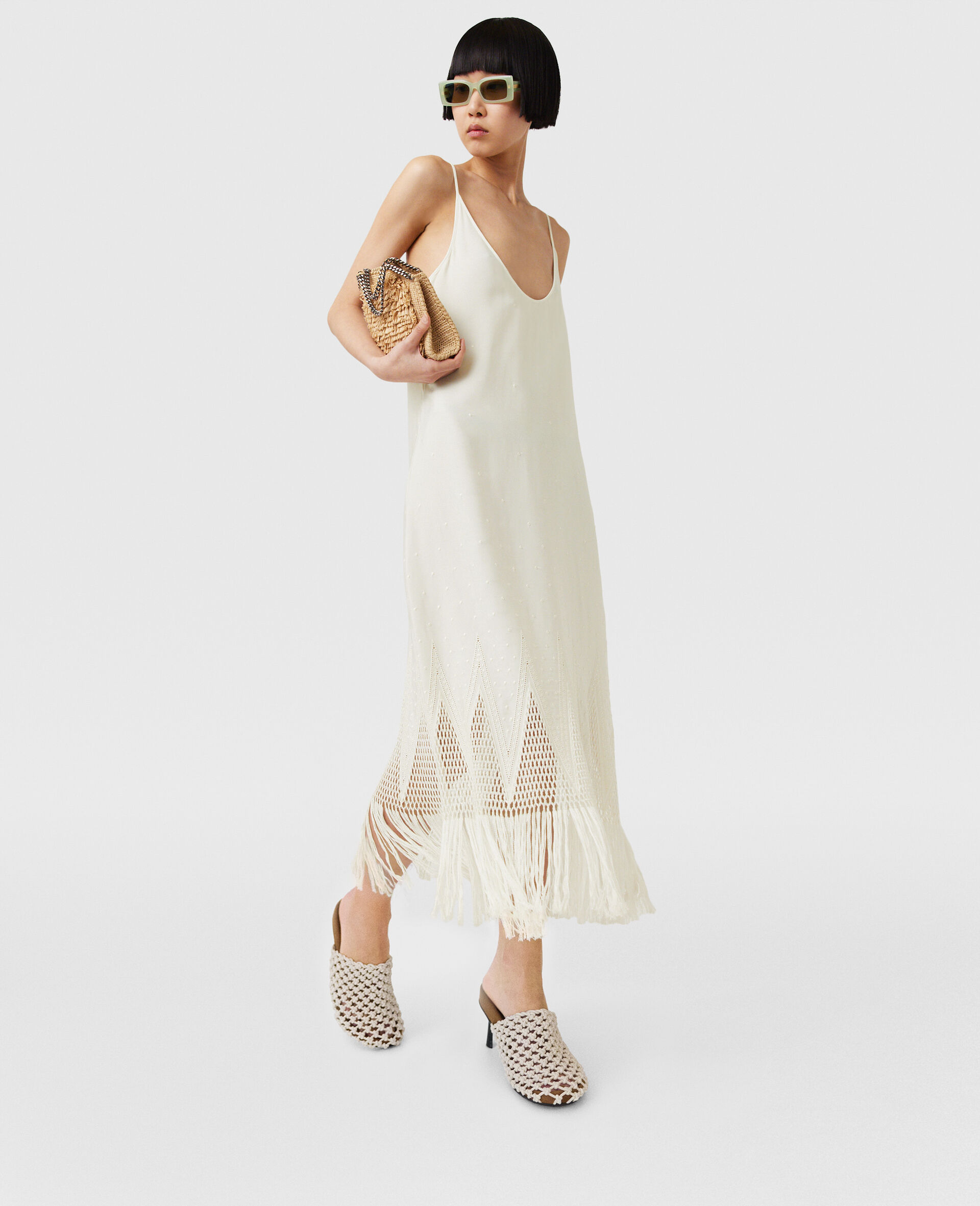 오픈 니트 프린지 미디 드레스-Cream-model