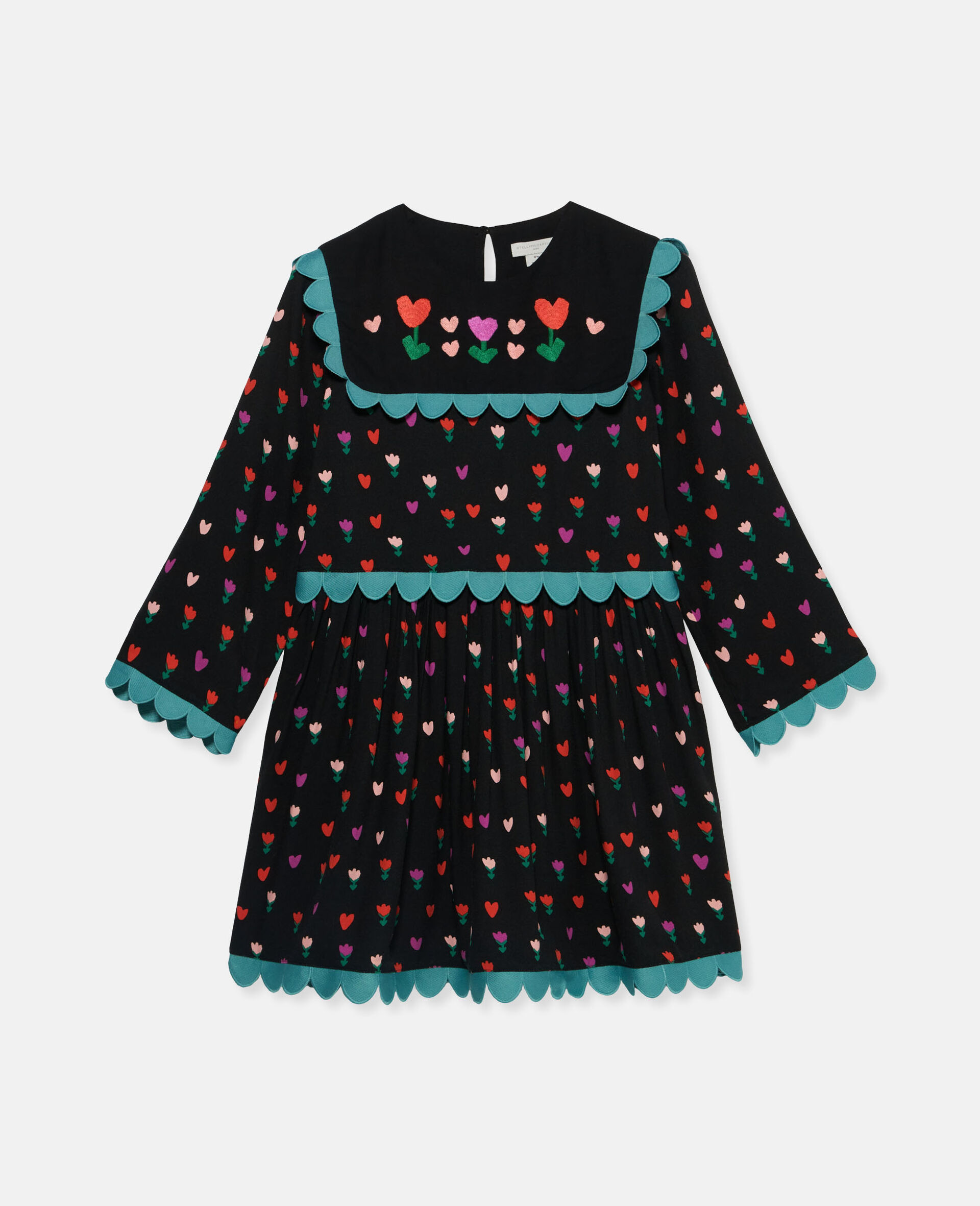 Folk Flower Print Collared Dress-Black-large image number 0