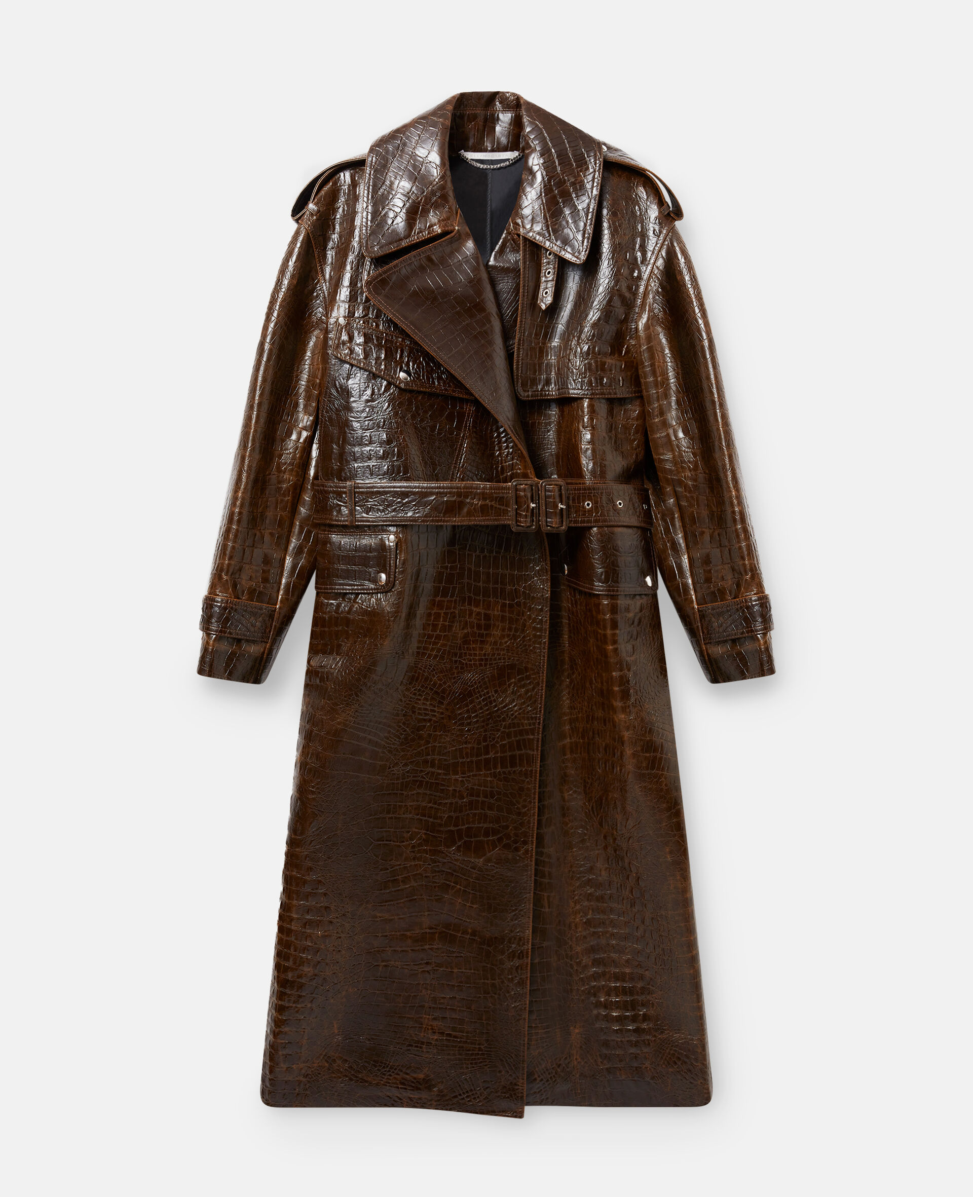 Crocodile Embossed Trench Coat-Brown-large image number 0