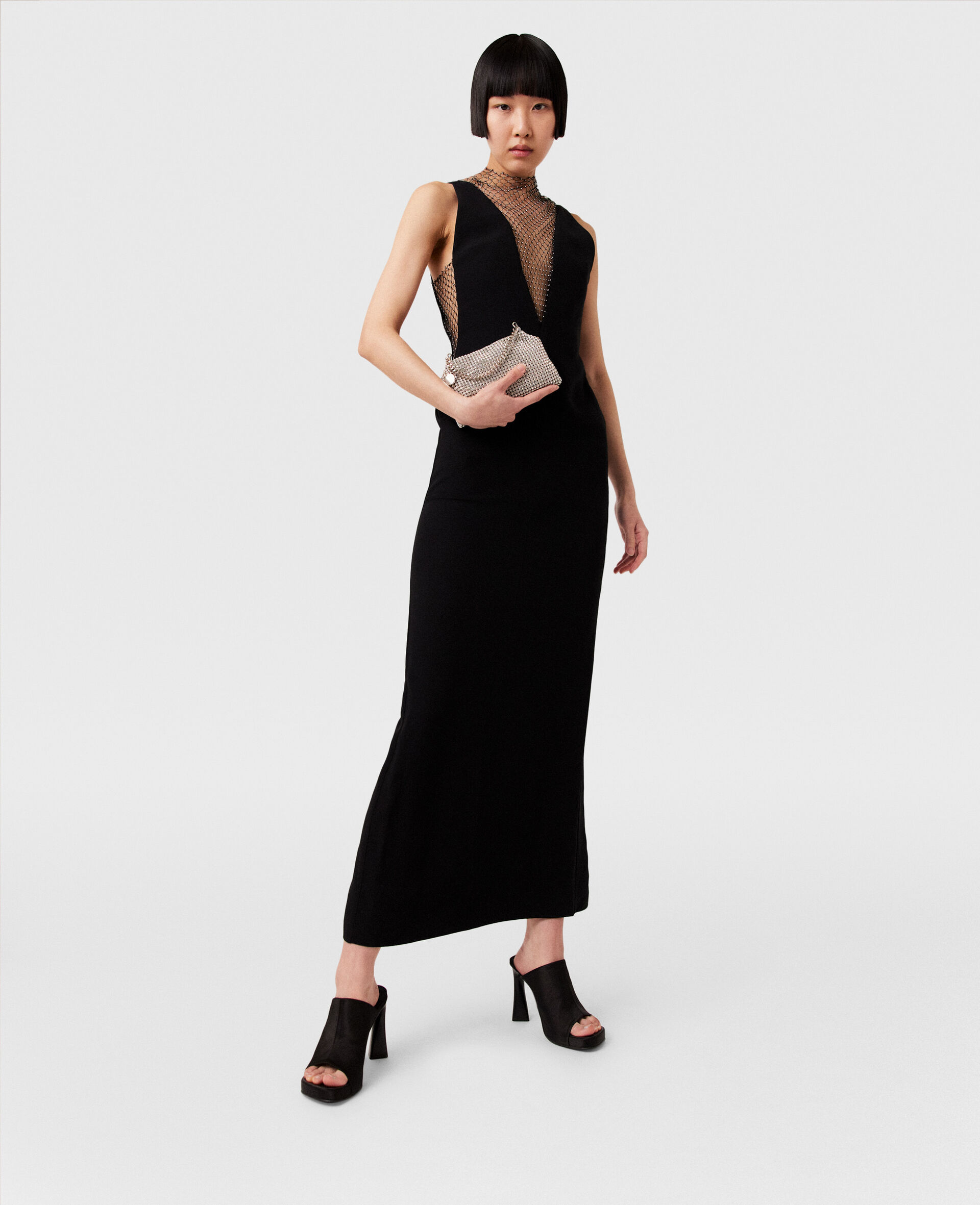 Crystal Mesh Deep V Midi Dress-Black-model