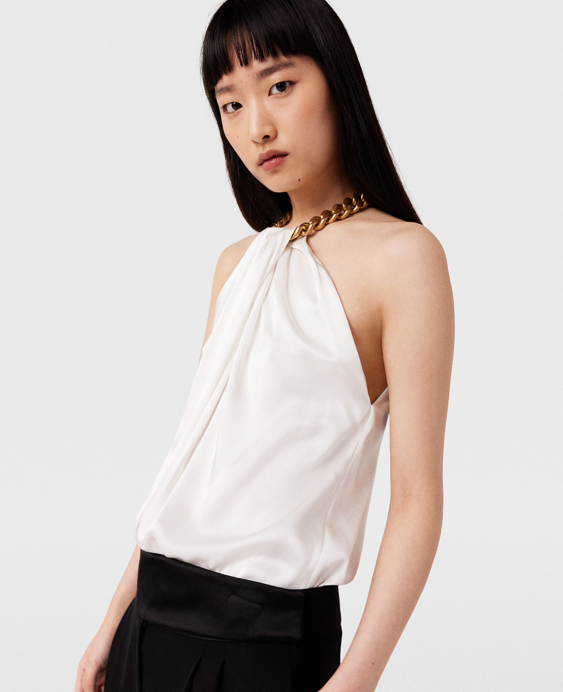 Chain Halterneck Satin Top-White-model