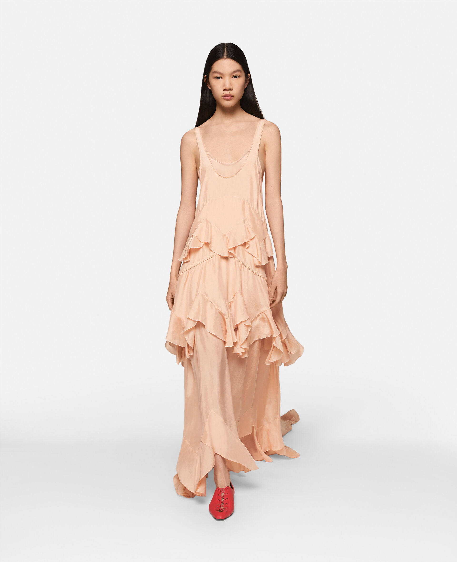 Cassidy Silky Satin Ribbon Strap Maxi Dress in Peach Apricot