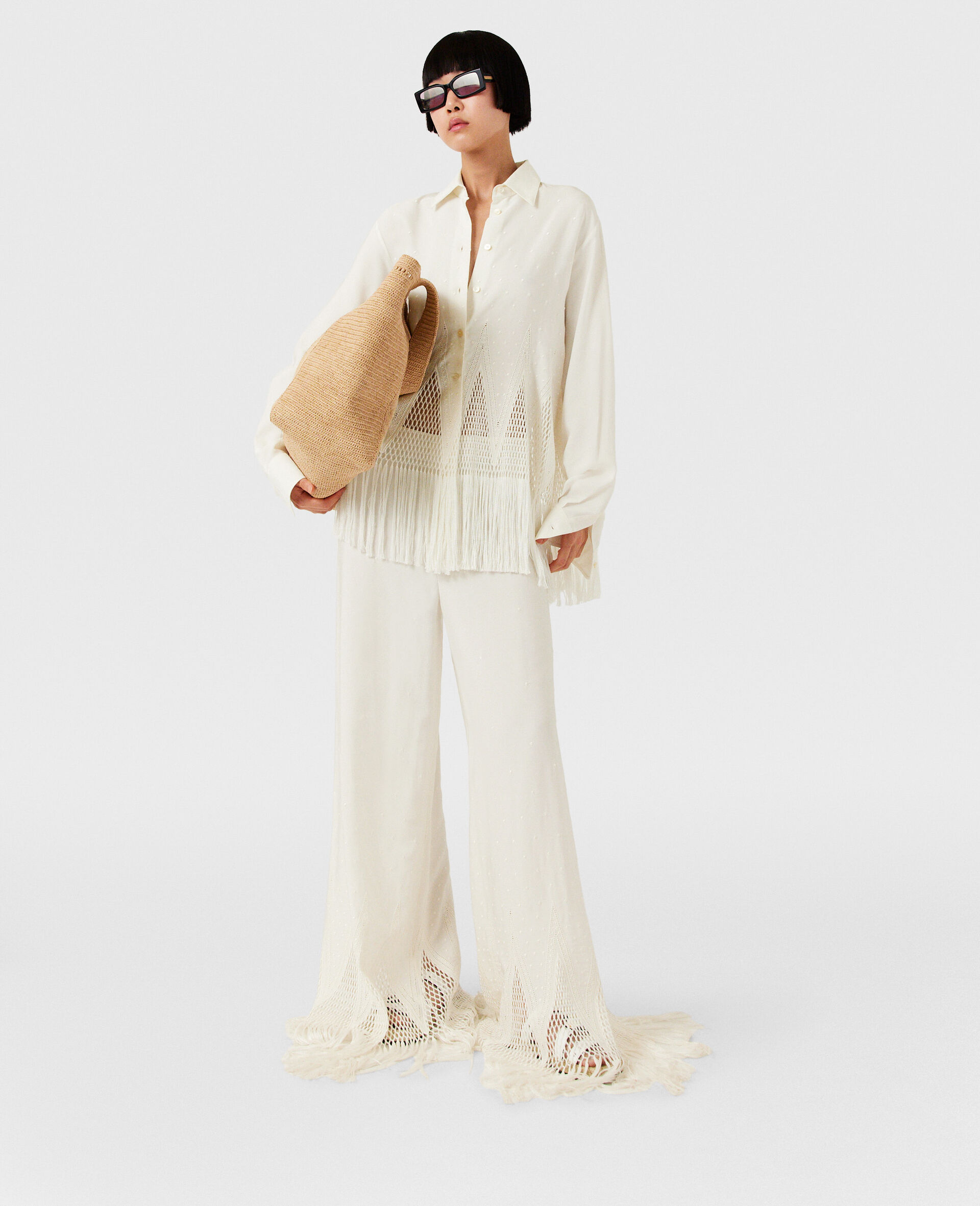 Open-Knit Fringe Wide-Leg Trousers-Cream-model