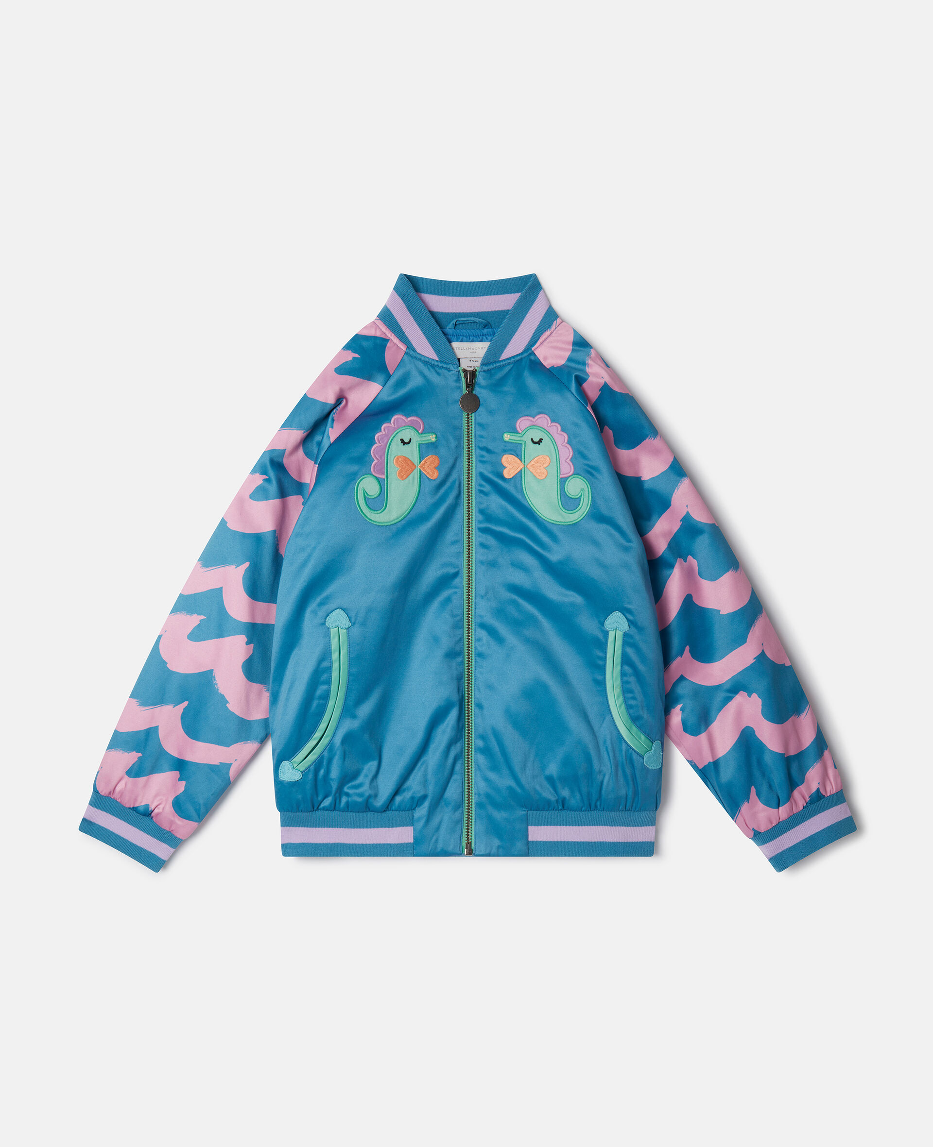 Seahorse Embroidery Satin Bomber Jacket-Blue-large image number 0