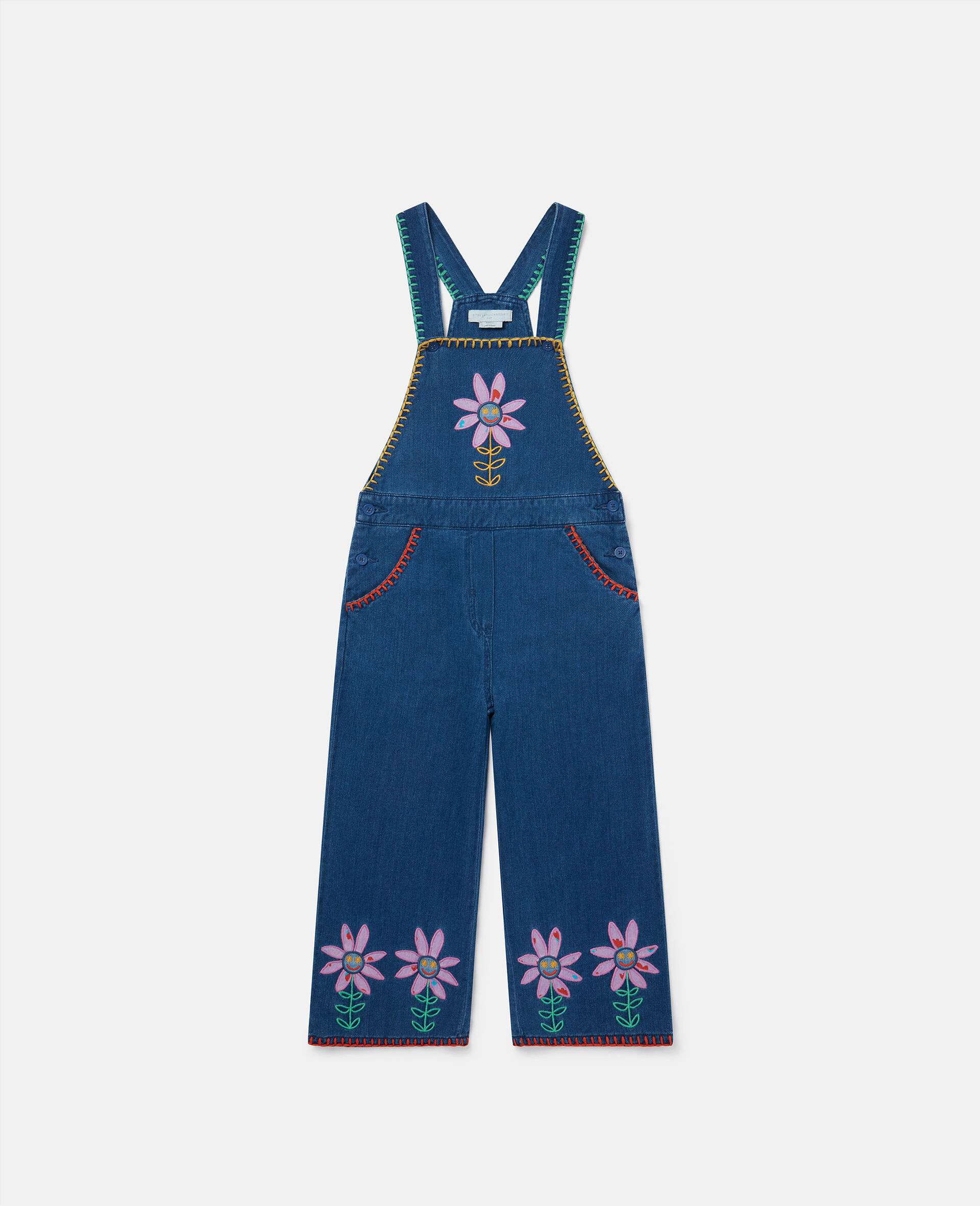 Smiling Flower Embroidery Dungarees-Blue-large image number 0