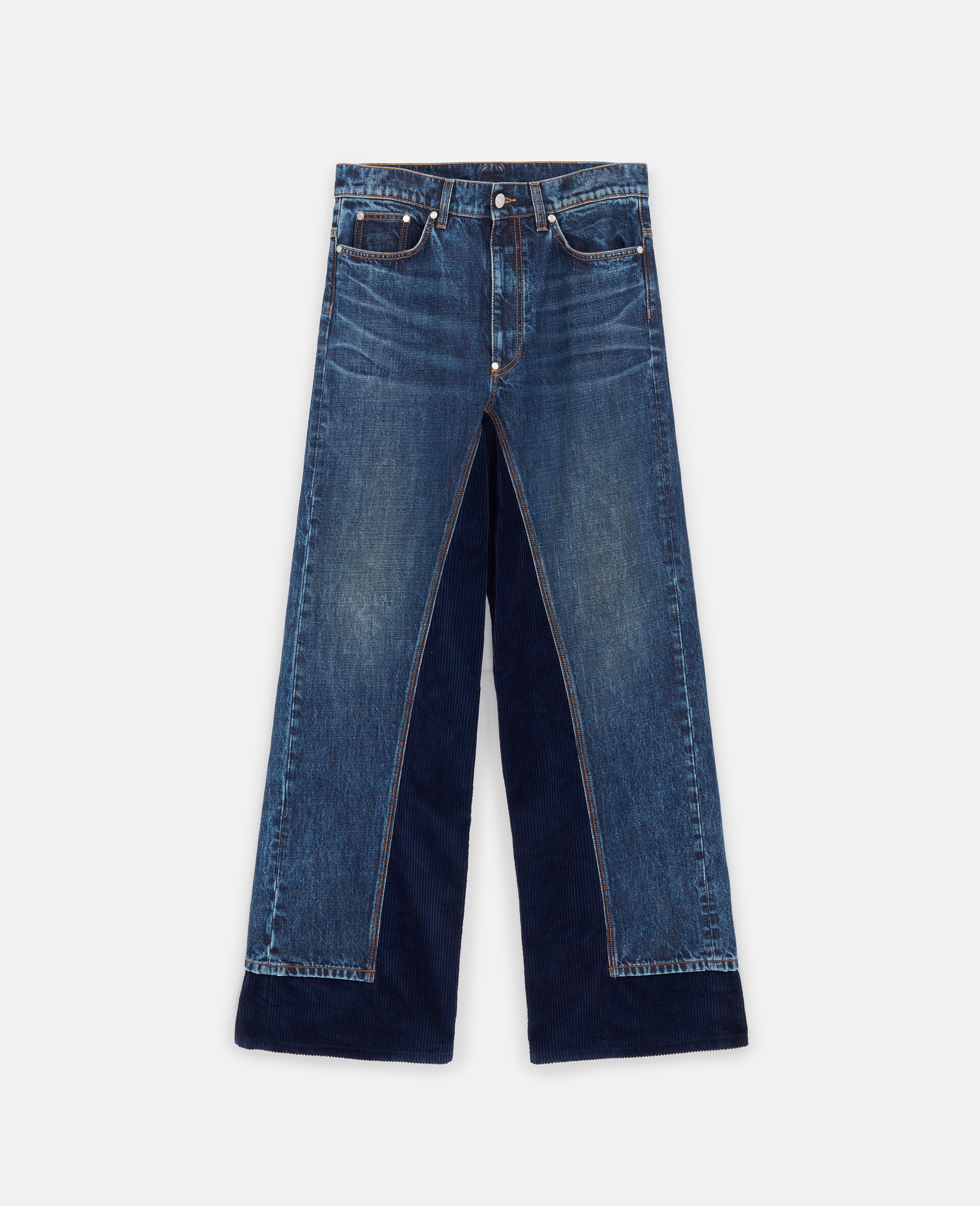 Jeans a Vita Alta con Gamba Dritta in Velluto a Coste-Blu-large image number 0