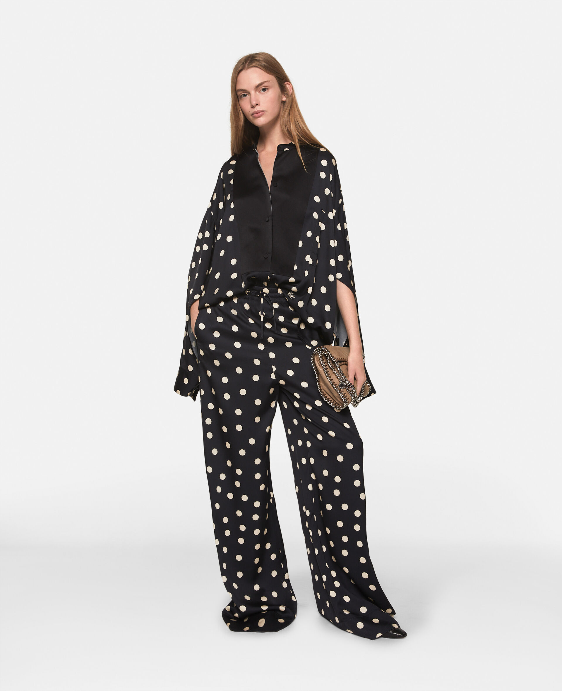 Oversized Polka Dot Tuxedo Shirt-Black-model