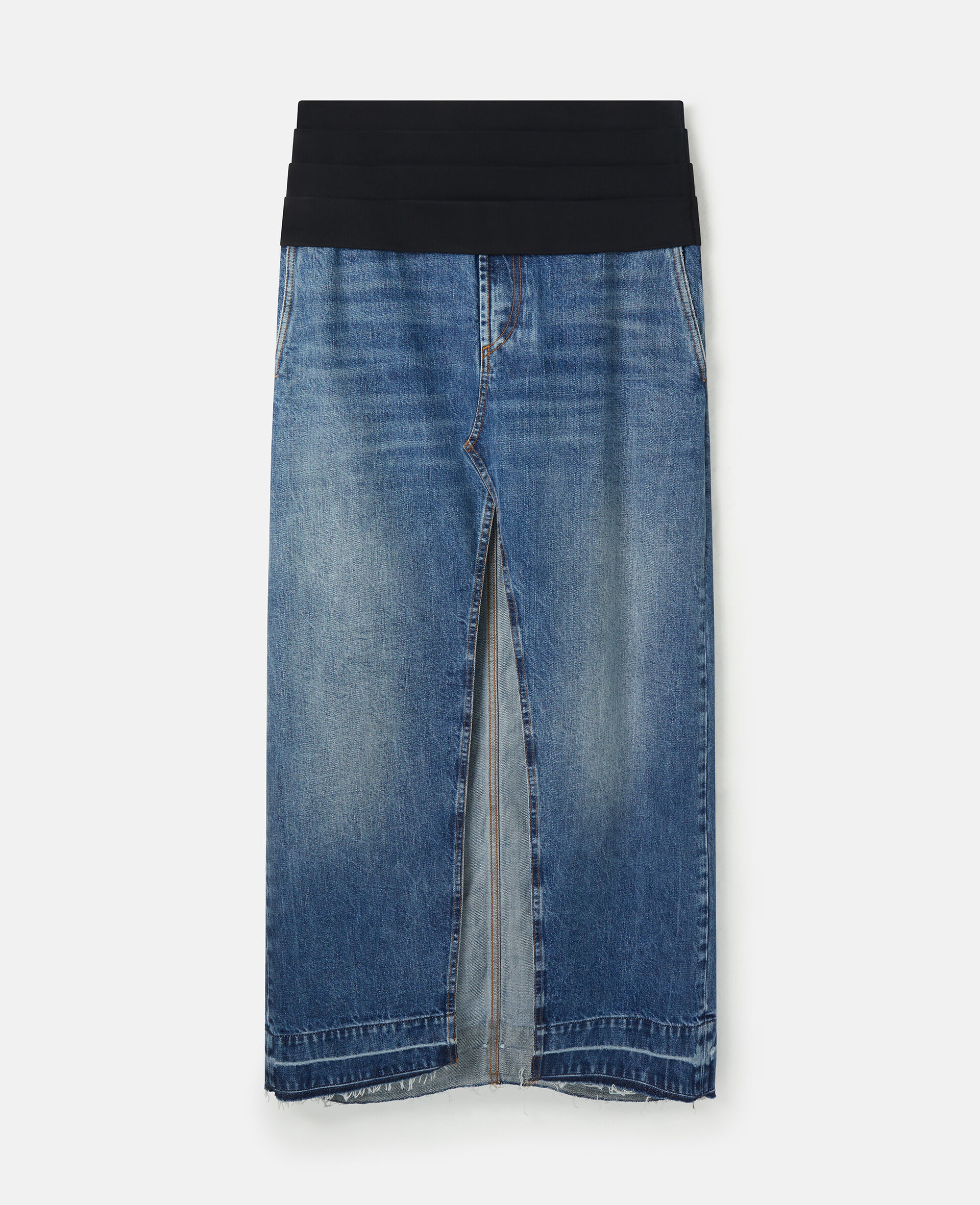 Tuxedo-Inspired Denim Midi-Skirt-Blue-large image number 0