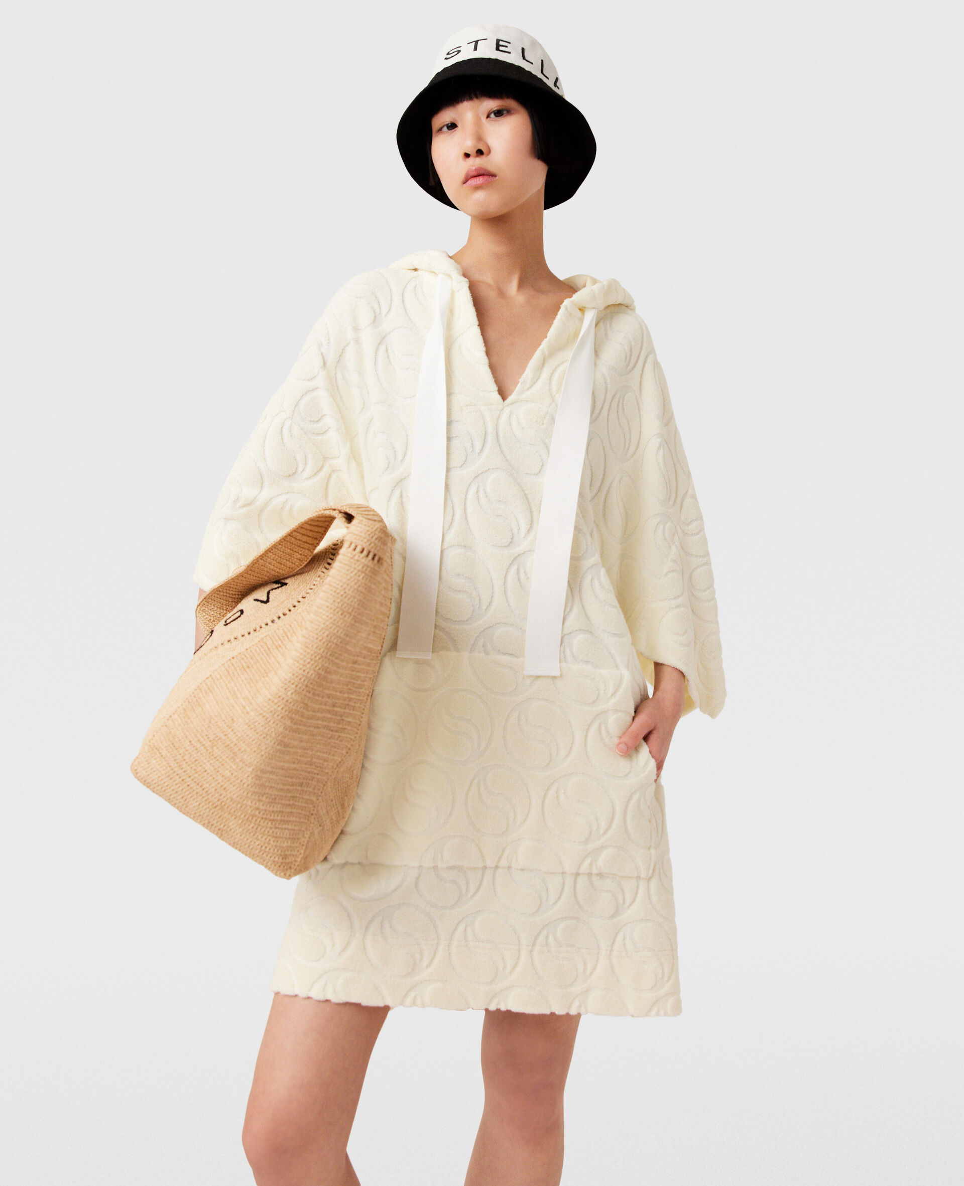 Towelling Hooded Mini Dress-Beige-model