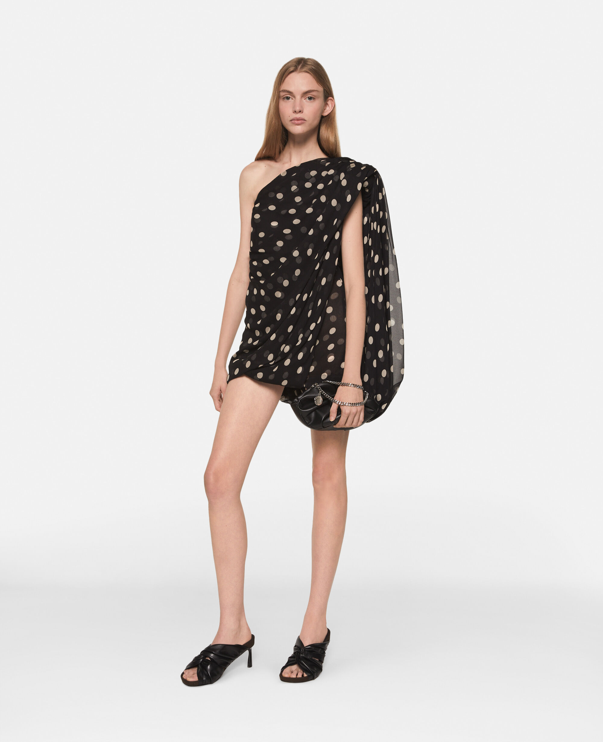 Women Black with cream Asymmetric Polka Dot Silk Mini Dress 