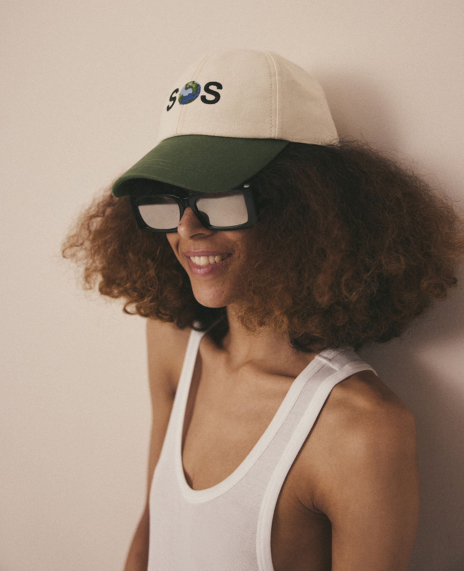 SOS Embroidered Baseball Cap-Beige-model