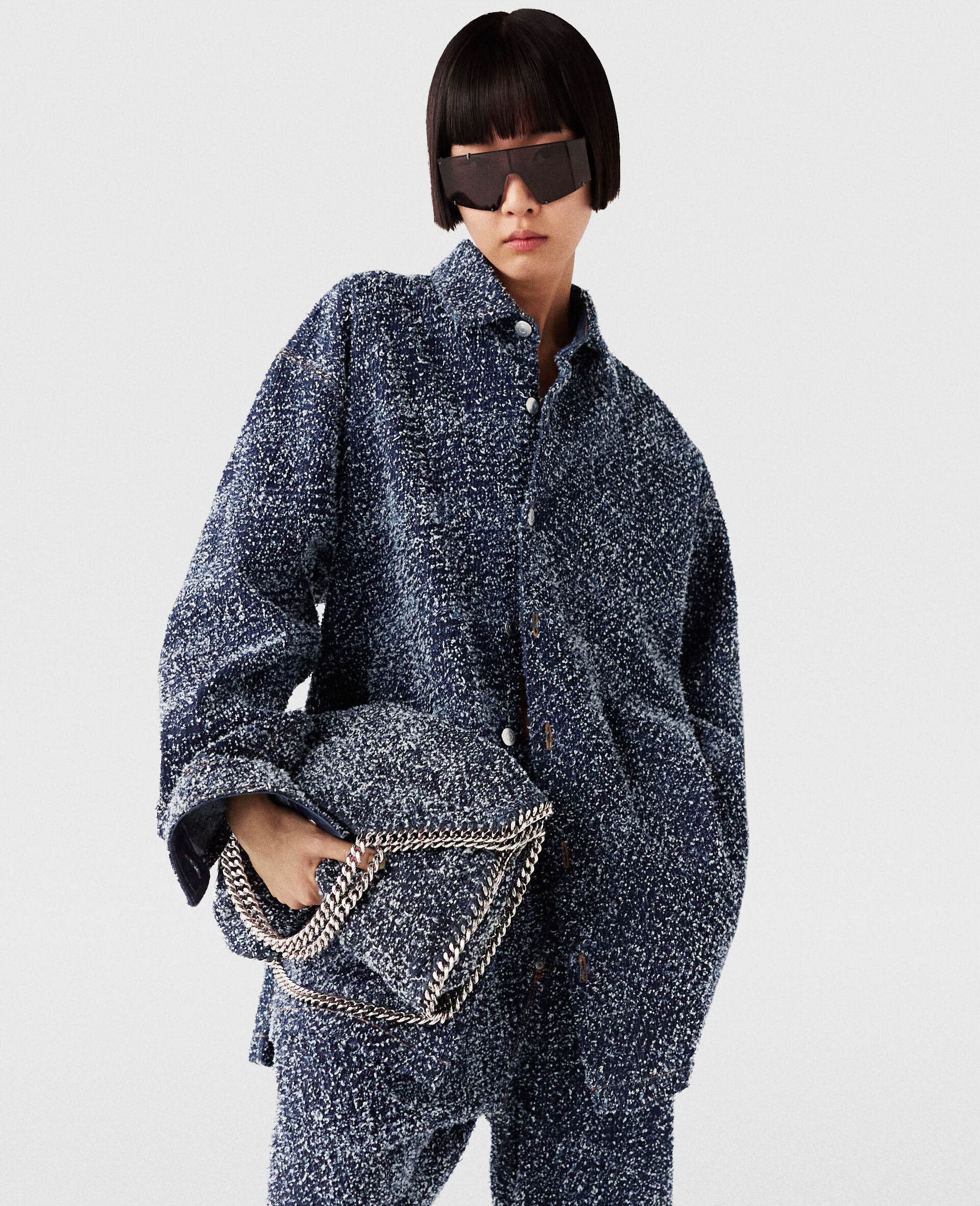 Oversized Denim Bouclé Shirt-Blue-model