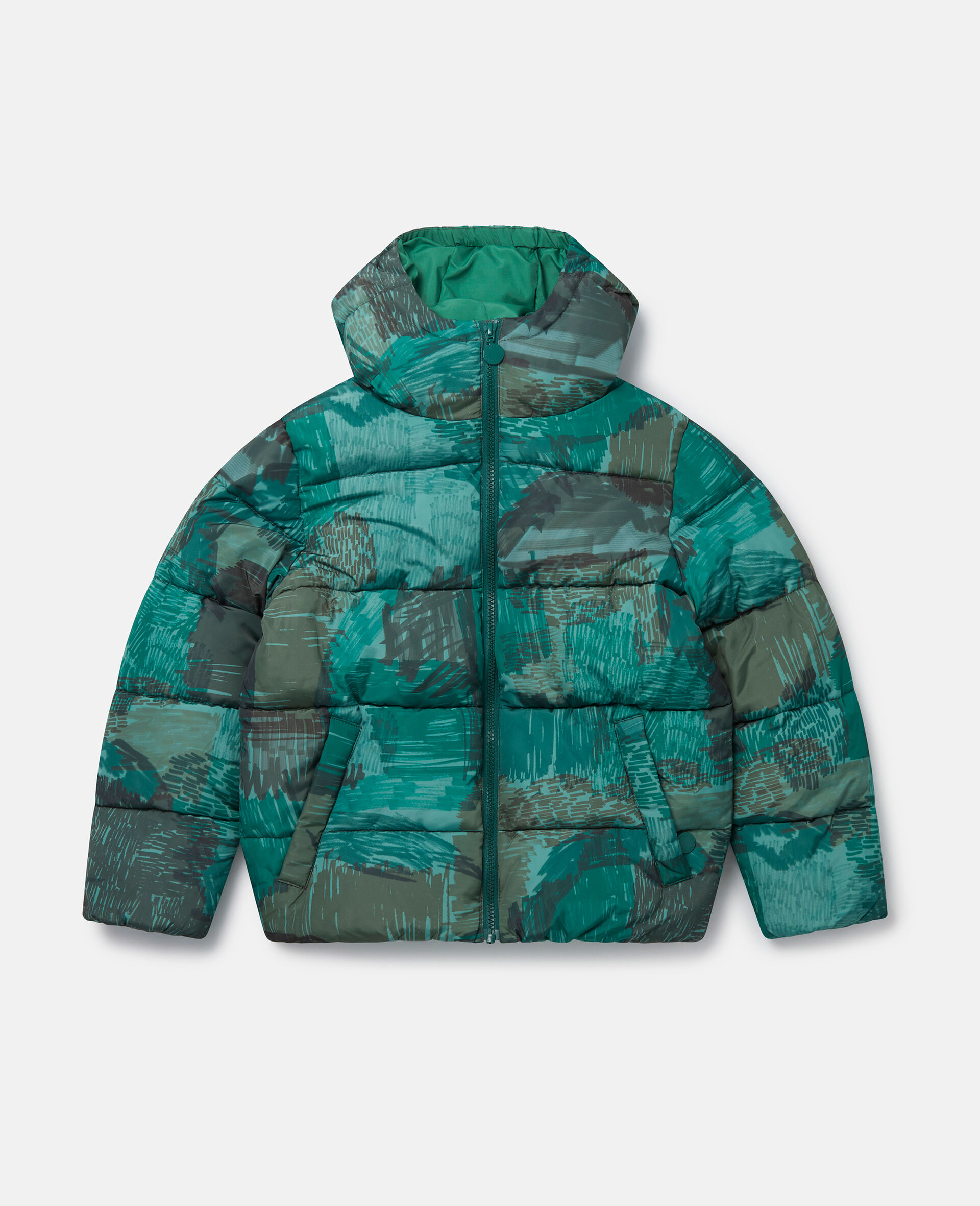 Scribble Print Hooded Puffer Coat-Green-large image number 0