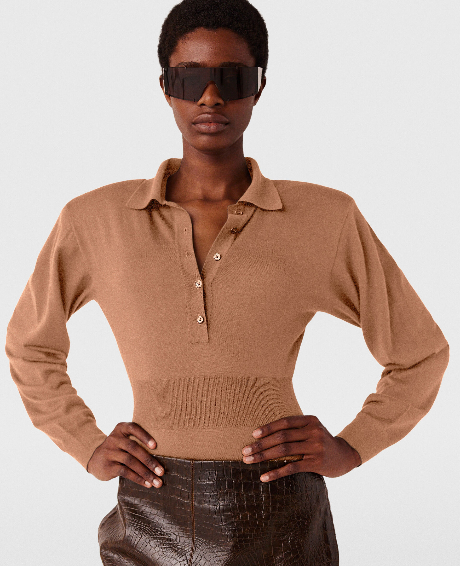 Strong Shoulder Long-Sleeve Bodysuit-Brown-model