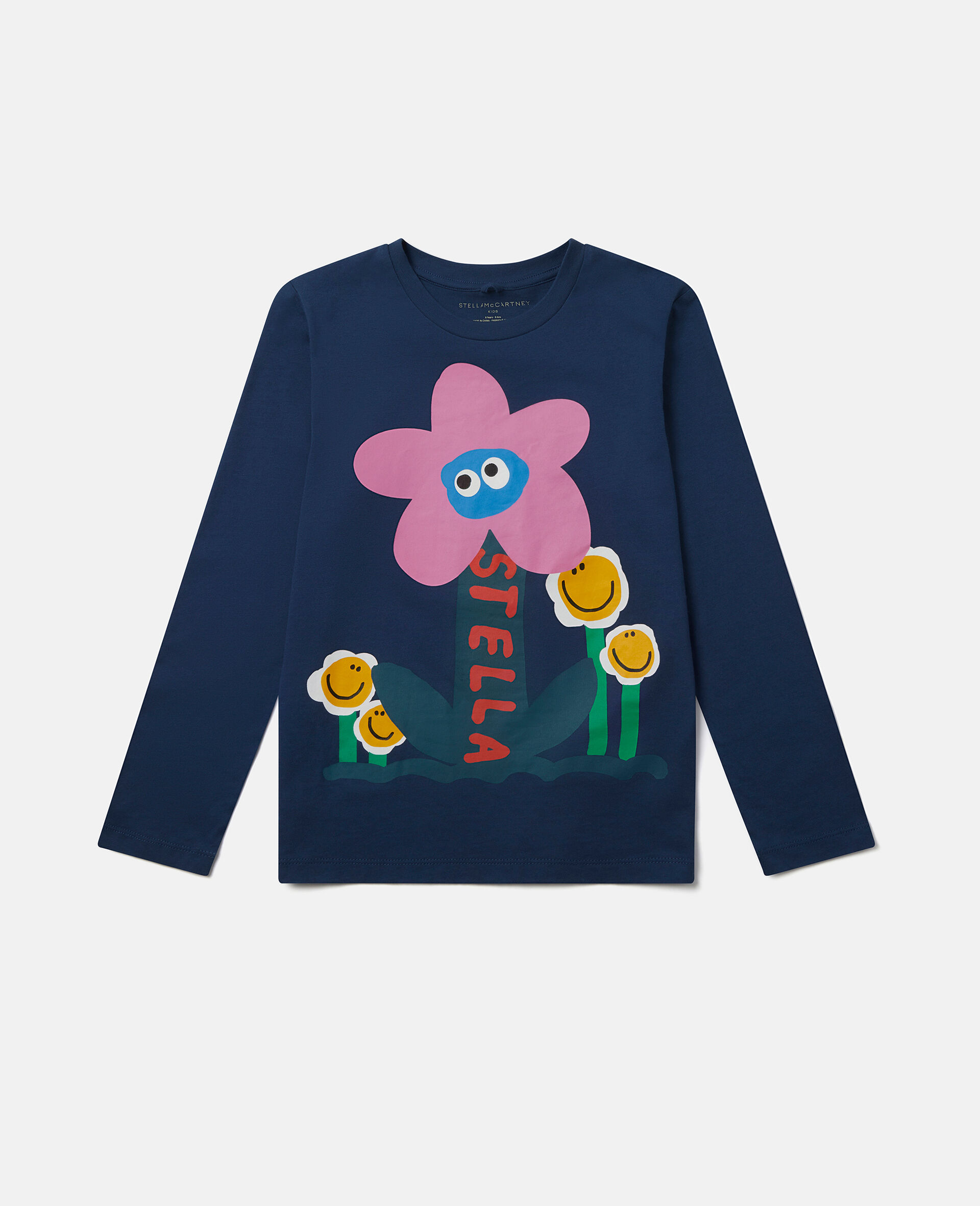 Smiling Flower Motif Long Sleeve T-Shirt-Blue-large image number 0