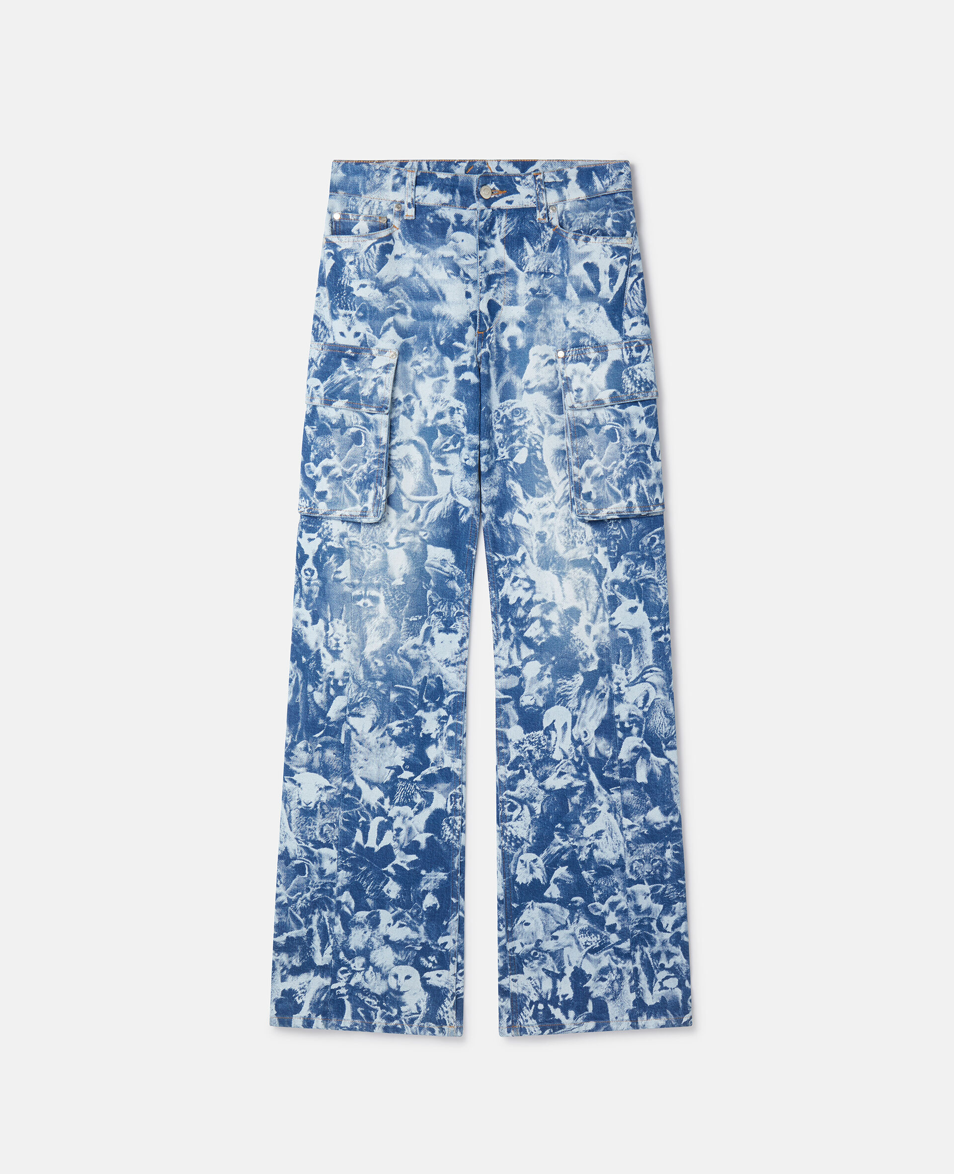 Jeans cargo con stampa di animali della foresta-Blu-large image number 0