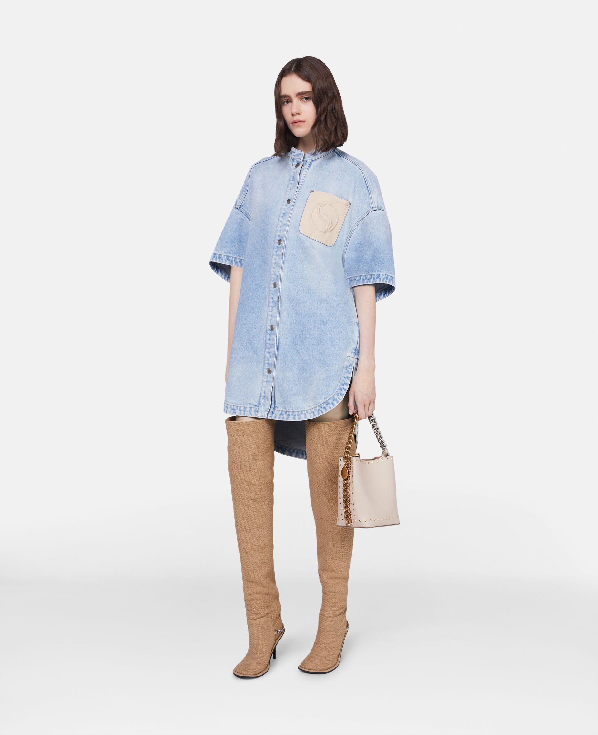 S-Wave Vintage Wash Collarless Denim Dress-Blue-model