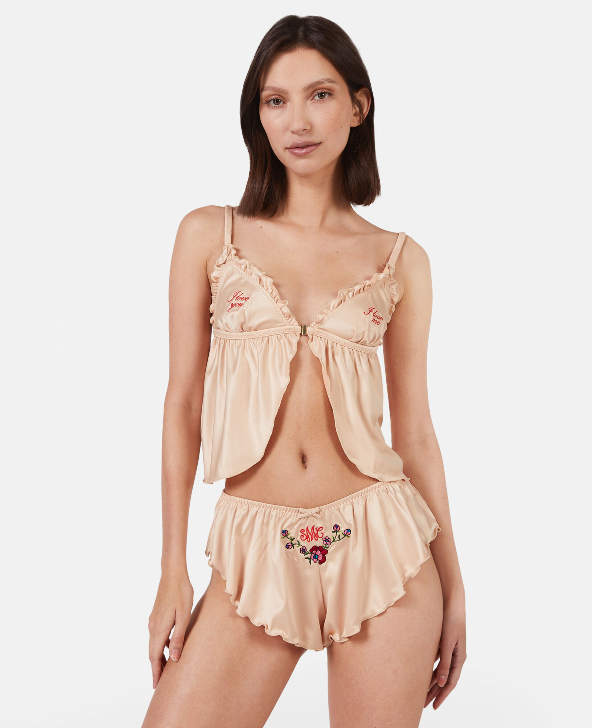 'Love You' Embroidery Satin Flounce Sleep Shorts-Beige-model