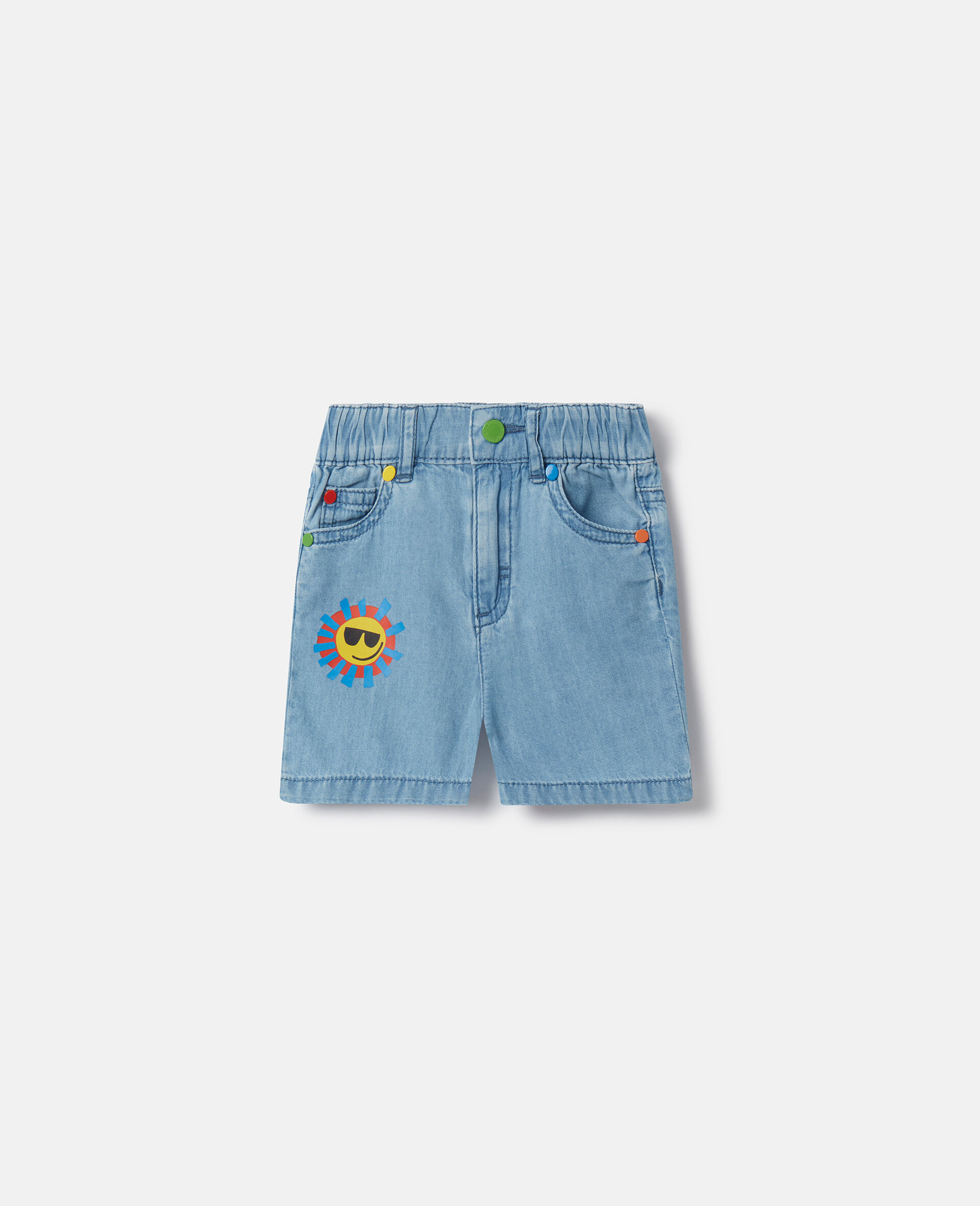 Sunshine Print Denim Shorts-Blue-model