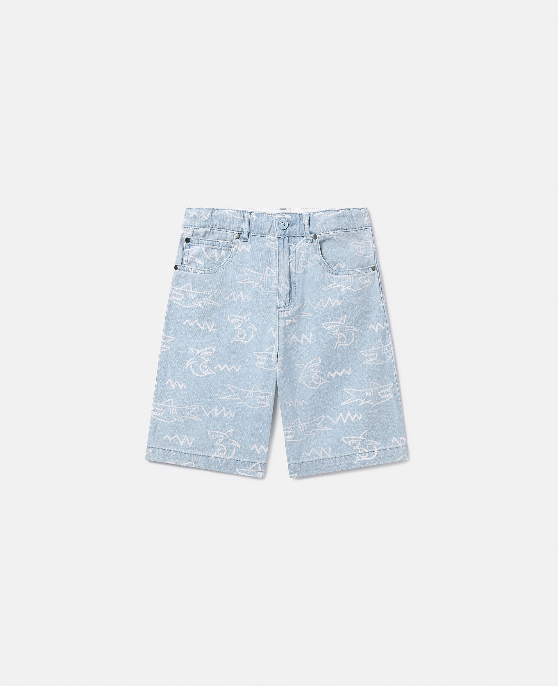 Shark Print Denim Shorts-Blue-large image number 0