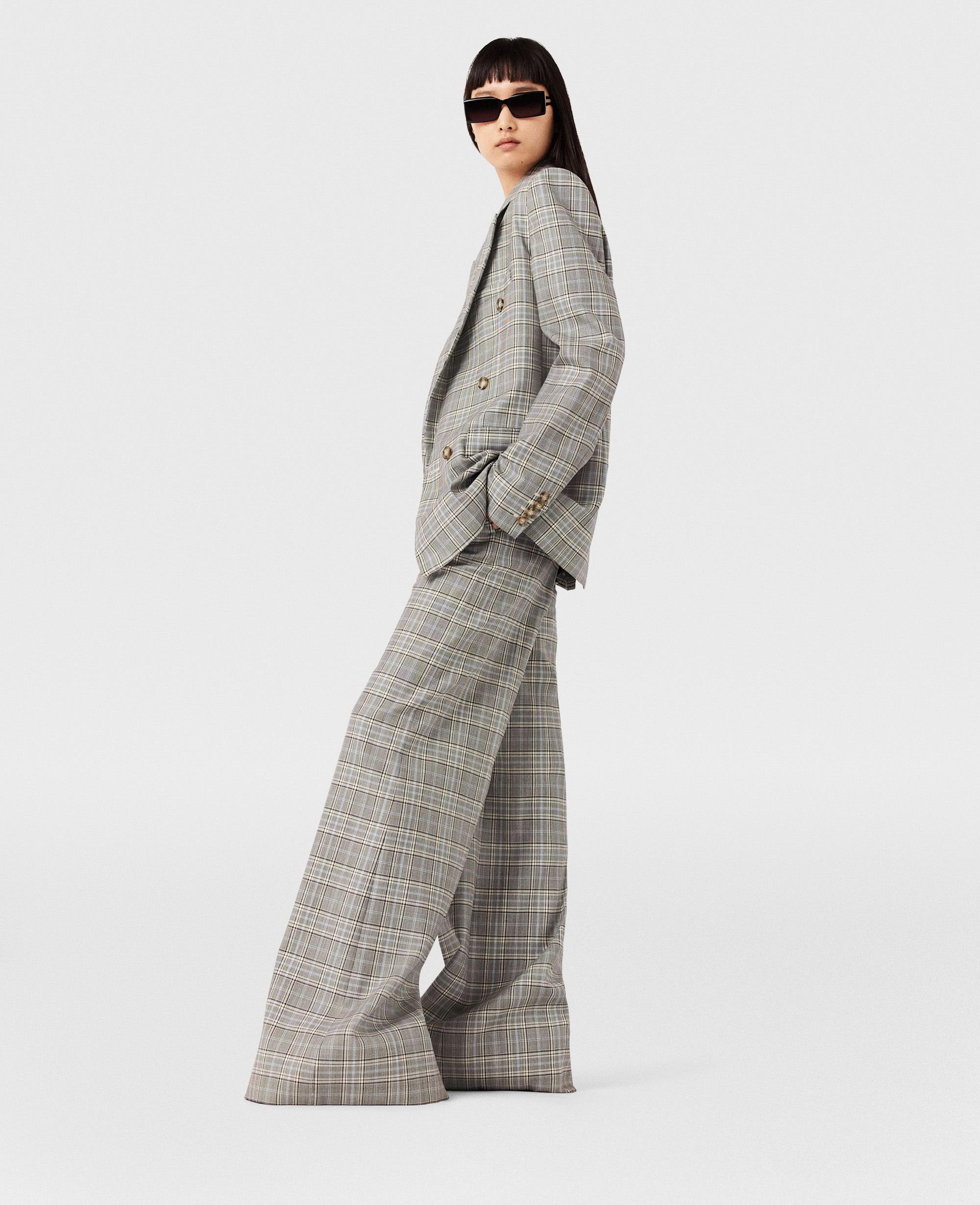 Shop Stella Mccartney Double Breasted Wool Blazer In Gray And Blue Check