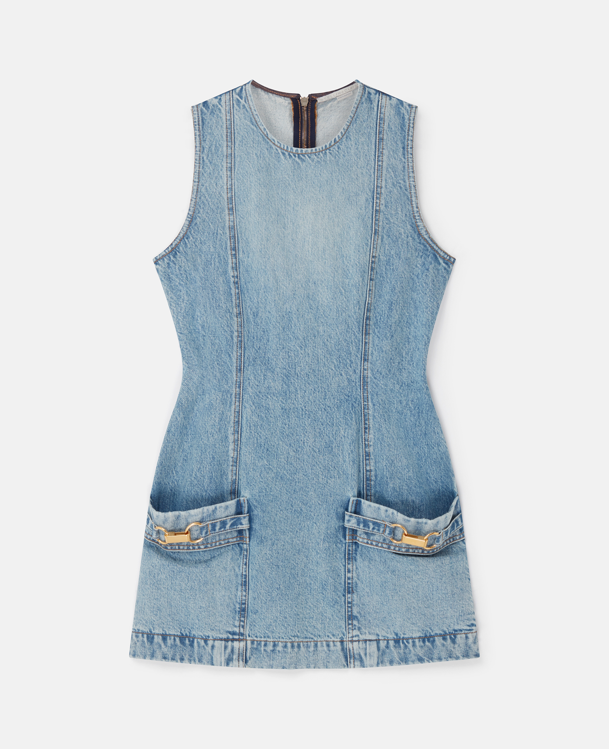 Shop Stella Mccartney Clasp-embellished Sleeveless Mini Dress In Light Wash Blue