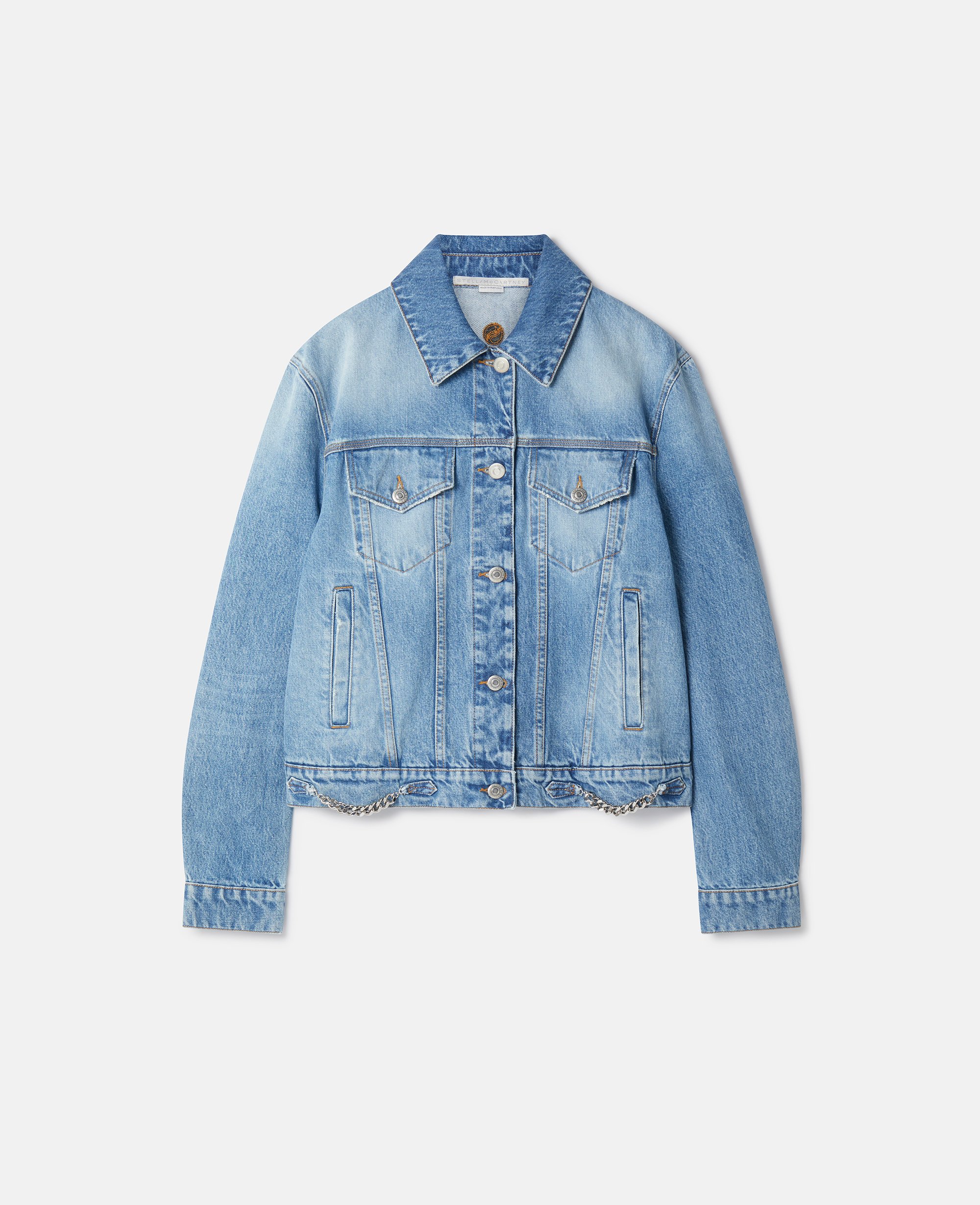 Stella Mccartney Falabella Chain Light Wash Denim Jacket In Blue