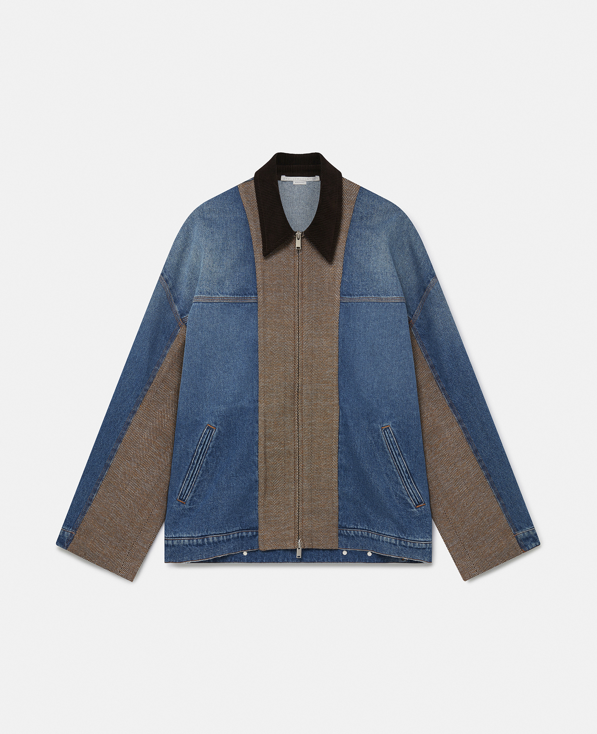 Shop Stella Mccartney Hybrid Panel Boxy Denim Jacket In Beige Tweed And Blue Denim