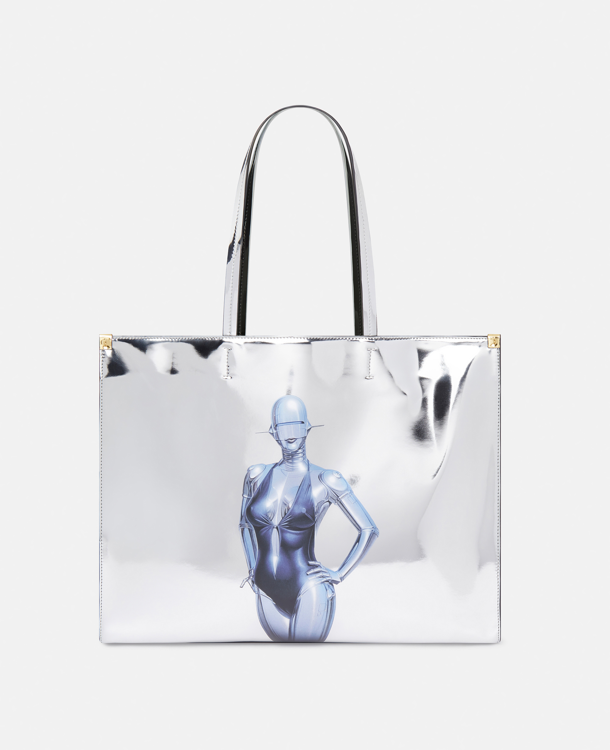 Stella Mccartney Sexy Robot Graphic Mirrored Chrome-effect Tote Bag In Metallic