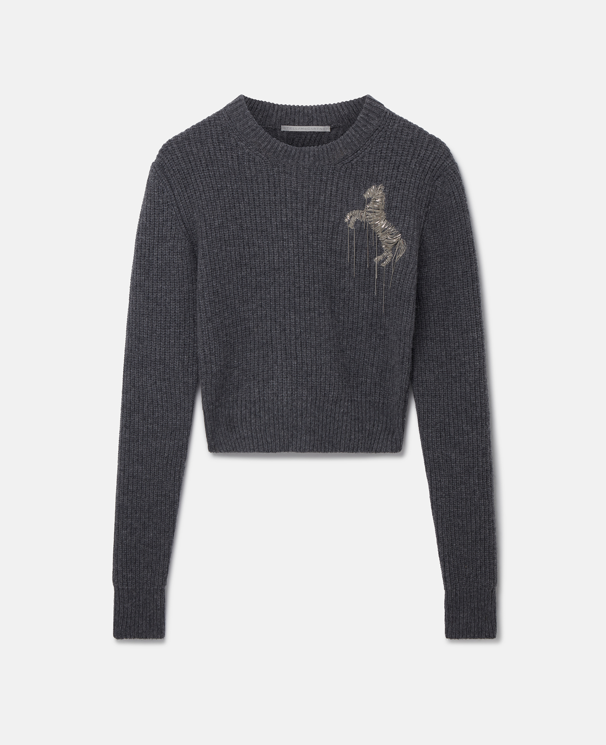 Stella Mccartney Chain Horse Embroidered Wool Cropped Jumper In Grey Melange