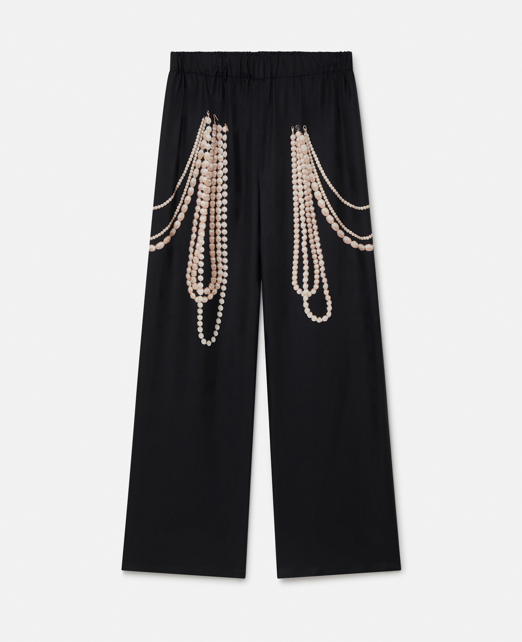 Shop Stella Mccartney Pearl Trompe L'oeil Print Silk Wide Leg Trousers In Black