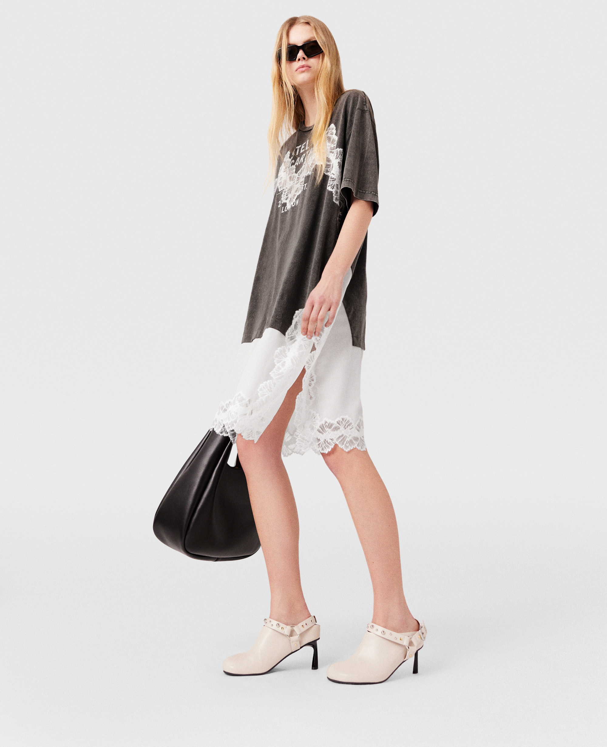 Shop Stella Mccartney Lace Insert T-shirt Midi Dress In Gray Mélange