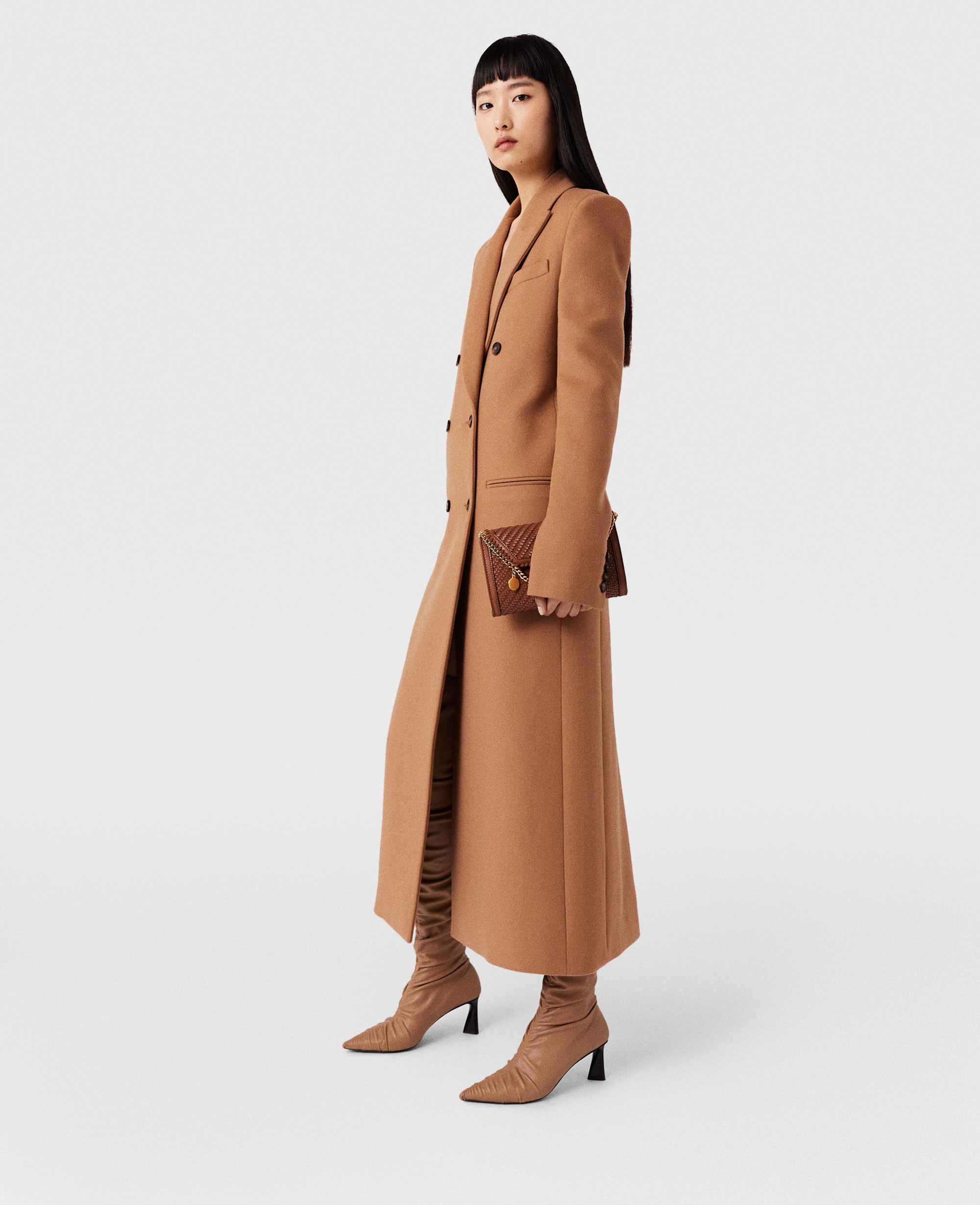 Shop Stella Mccartney Double Breasted Longline Coat In Camel Beige