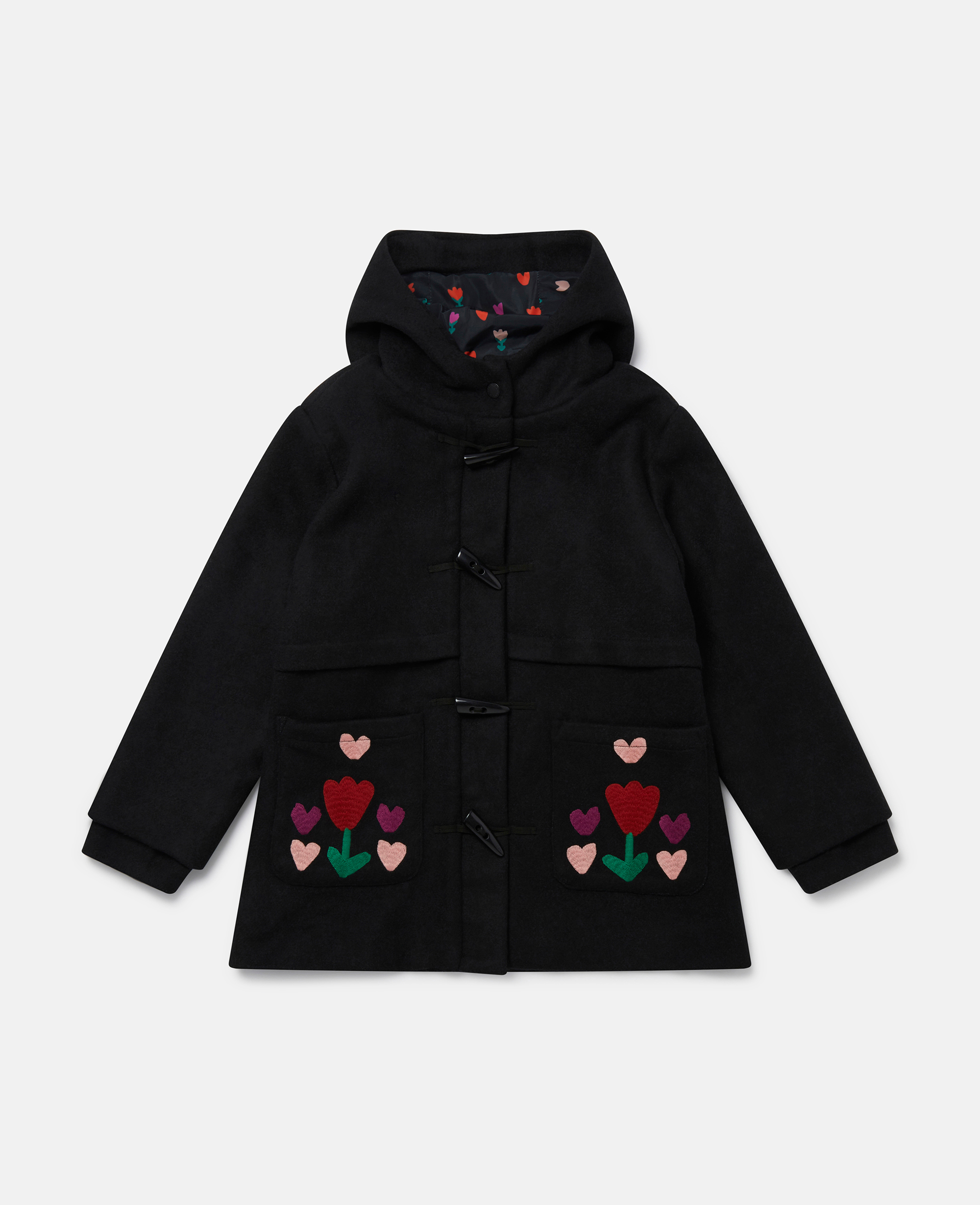 Stella Mccartney Tulip Embroidery Hooded Duffle Coat In Black